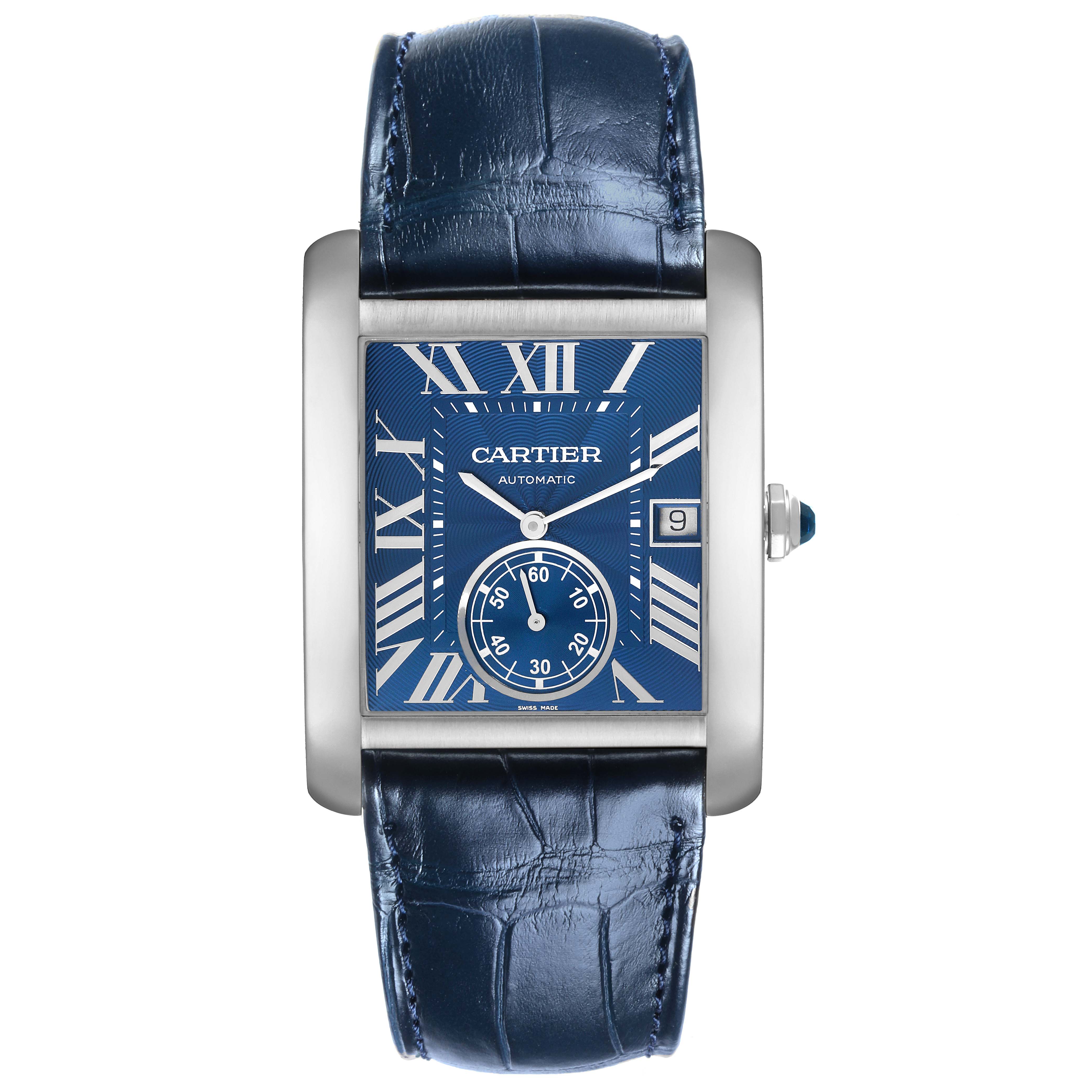 The Cartier Tank MC WSTA0010 Men's Stainless Steel Blue Dial WSTA0010 Men's Stainless Steel Blue Dial watch is shown from a front angle displaying the blue dial, Roman numerals, and date window.