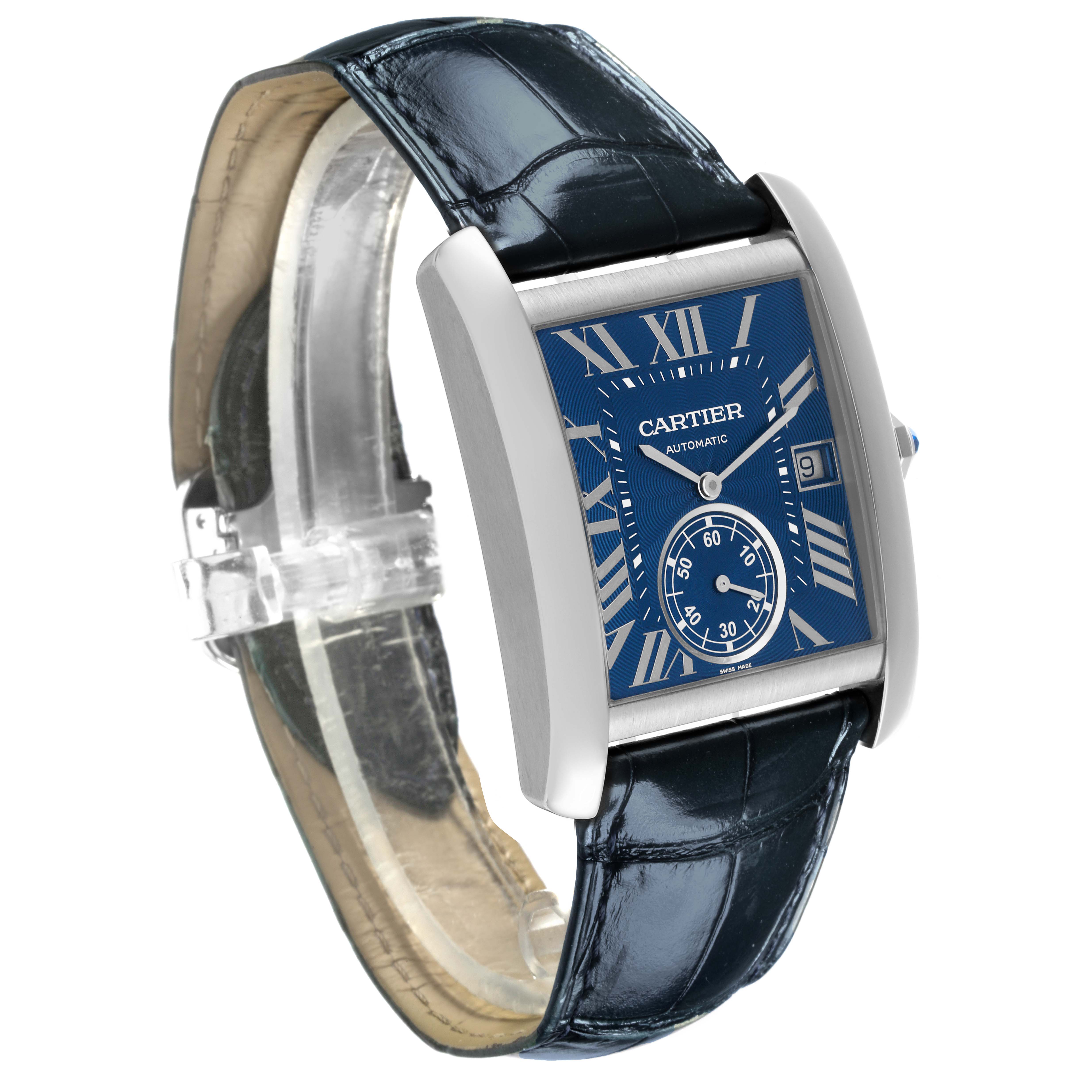 The Cartier Tank MC WSTA0010 Men's Stainless Steel Blue Dial WSTA0010 Men's Stainless Steel Blue Dial watch is shown at a three-quarter angle displaying its face, strap, and side crown.