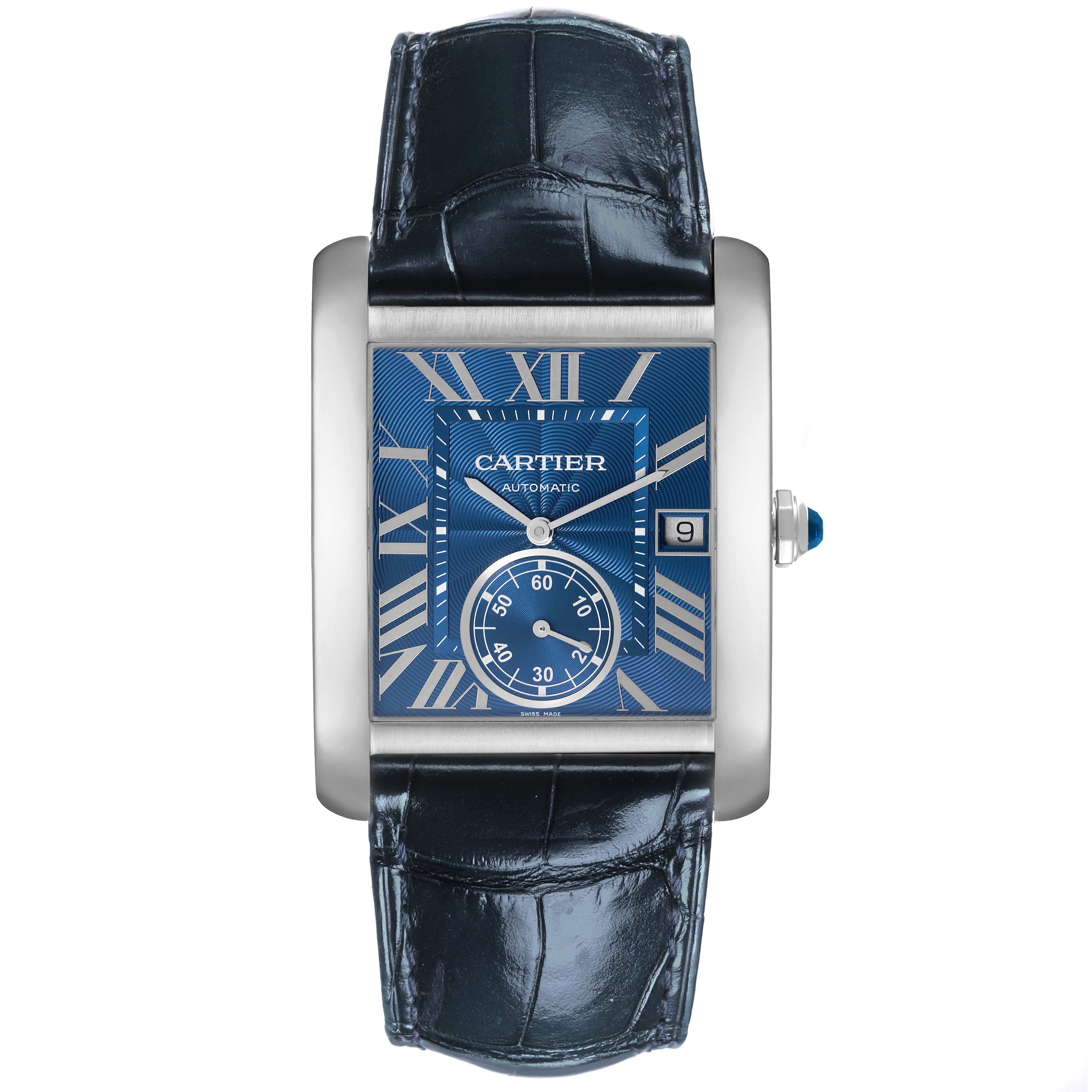 The Cartier Tank MC WSTA0010 Men's Stainless Steel Blue Dial WSTA0010 Men's Stainless Steel Blue Dial watch is shown from a front view, displaying the watch face, strap, and side crown.
