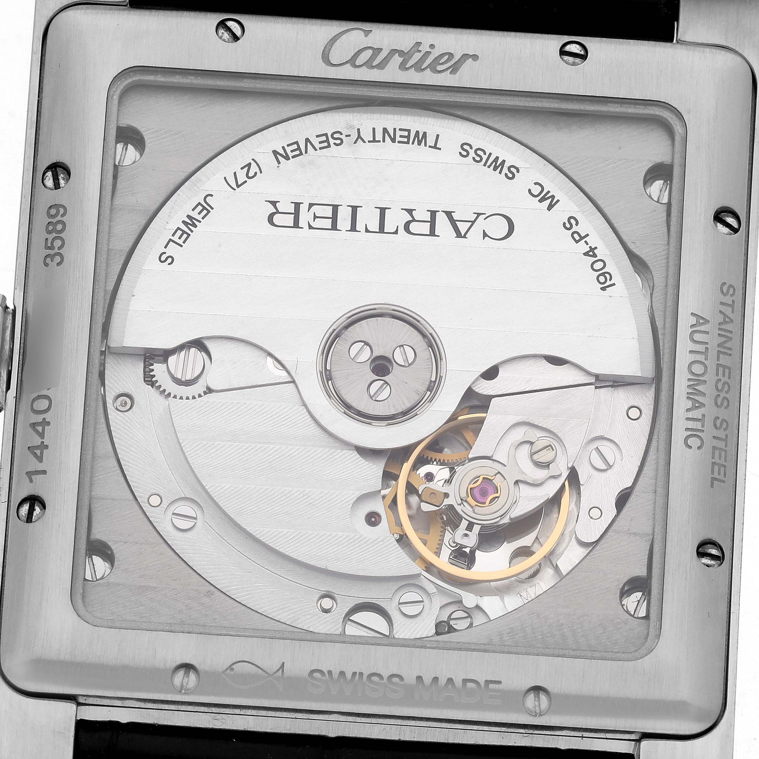 The image shows the back view of the Cartier Tank MC WSTA0010 Men's Stainless Steel Blue Dial WSTA0010 Men's Stainless Steel Blue Dial watch, focusing on its automatic movement and stainless steel casing.