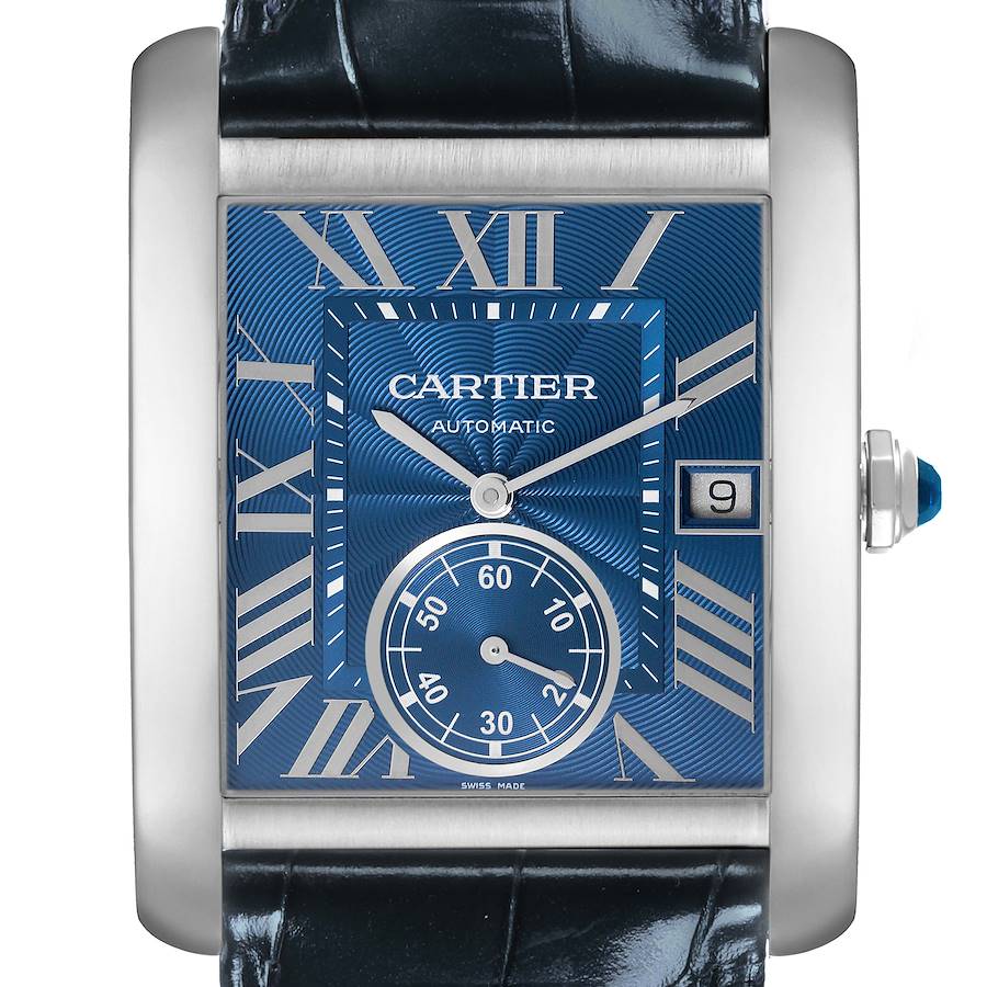 The Cartier Tank MC watch is shown from the front, displaying its blue dial, Roman numerals, date window, and hands.