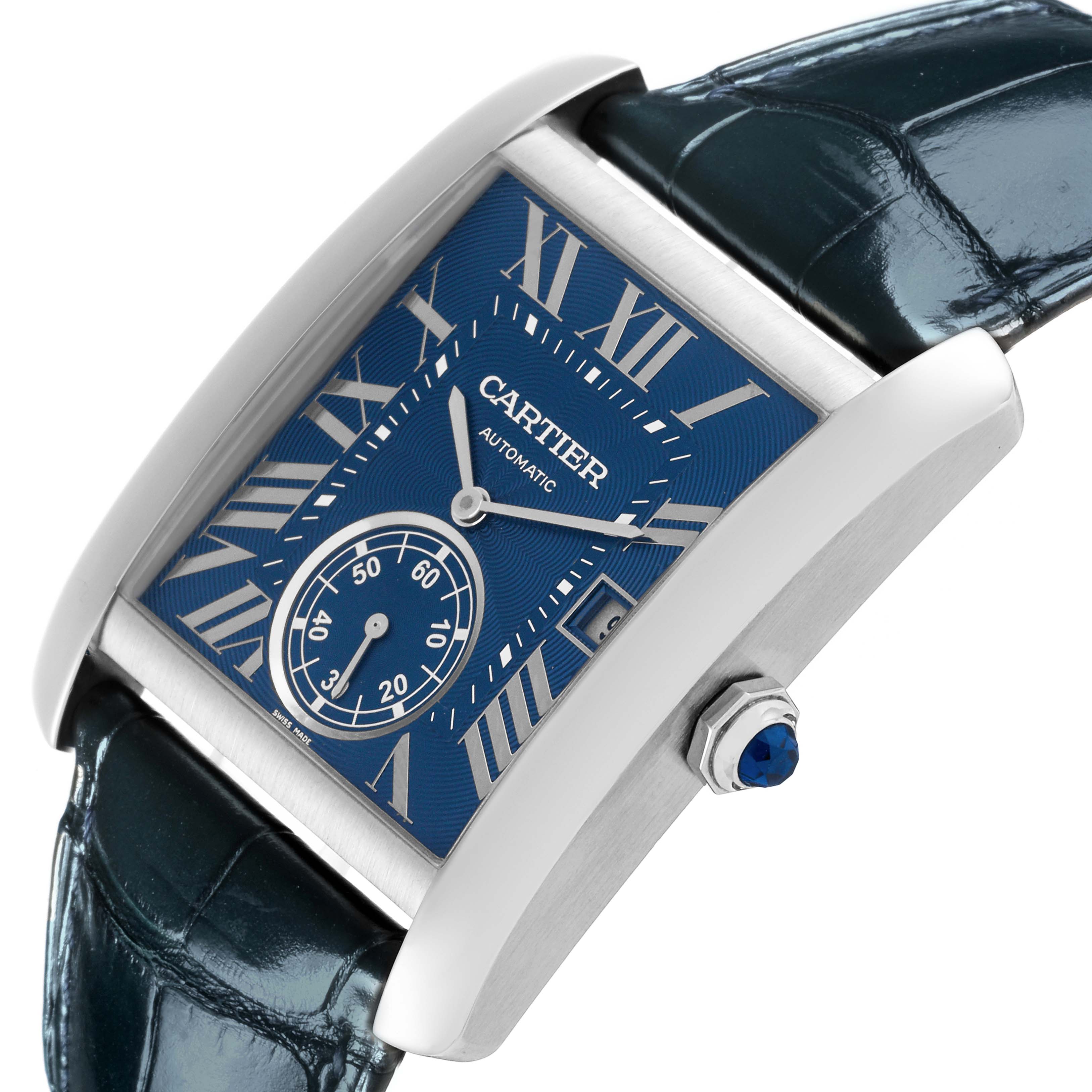 The Cartier Tank MC WSTA0010 Men's Stainless Steel Blue Dial WSTA0010 Men's Stainless Steel Blue Dial watch is shown at an angled close-up view, displaying the face, case, and crown with a strap portion.
