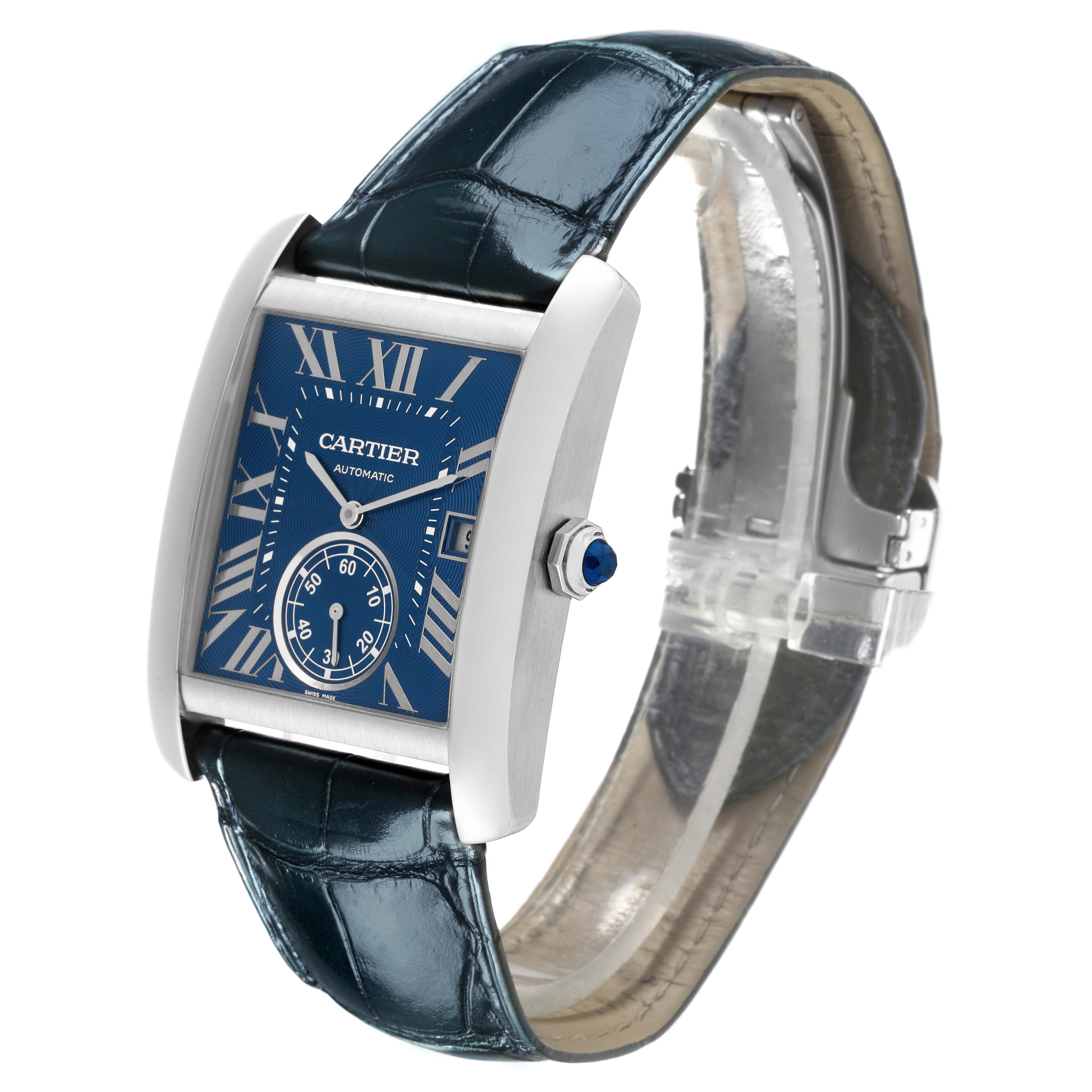 The Cartier Tank MC WSTA0010 Men's Stainless Steel Blue Dial WSTA0010 Men's Stainless Steel Blue Dial watch is shown at a three-quarter angle, highlighting the face, case, crown, and leather strap.