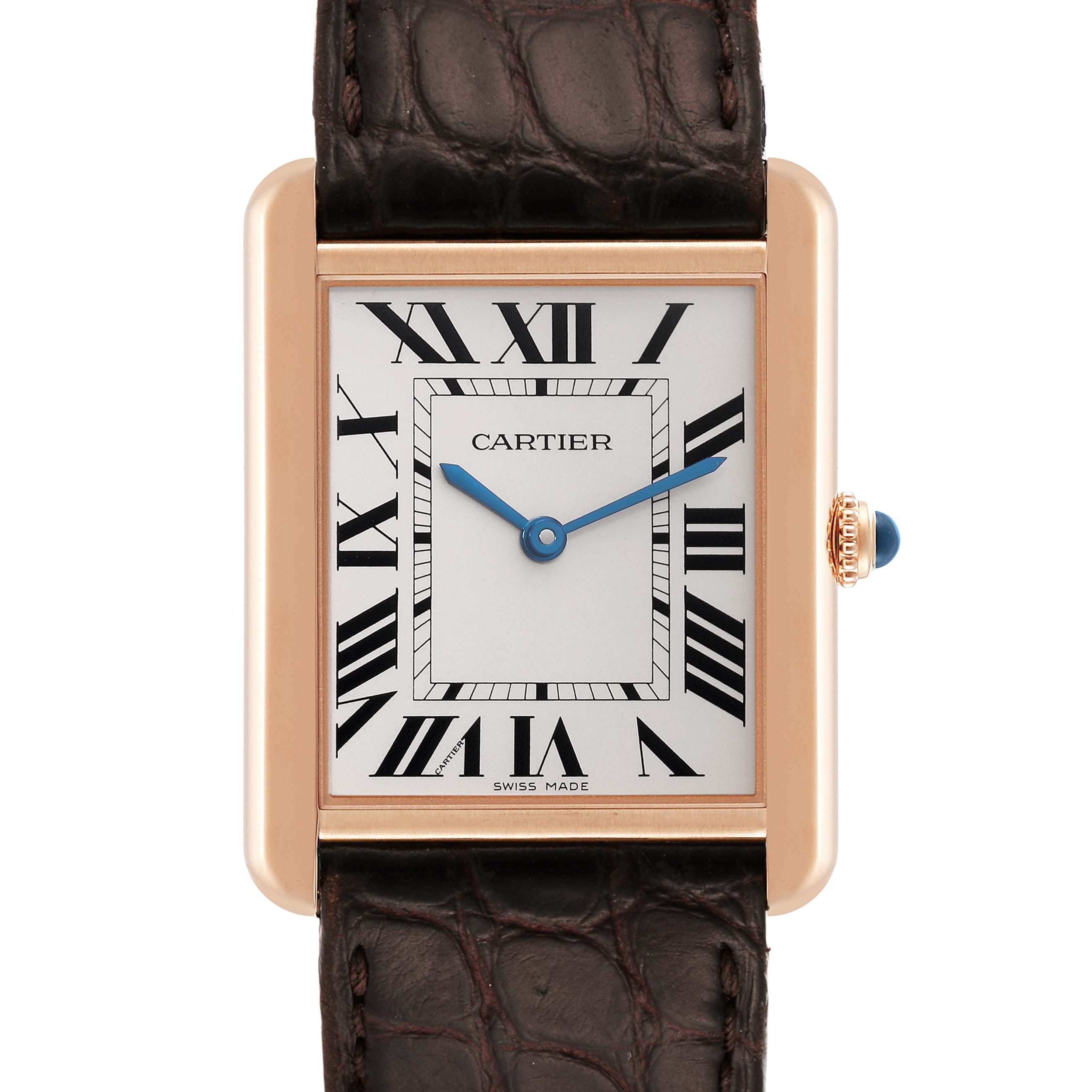 This image shows a close-up view of the Cartier Tank Solo W5200025 Men
s Rose Gold Silver Dial W5200025 Men
s Rose Gold Silver Dial watch face and part of the brown leather strap.