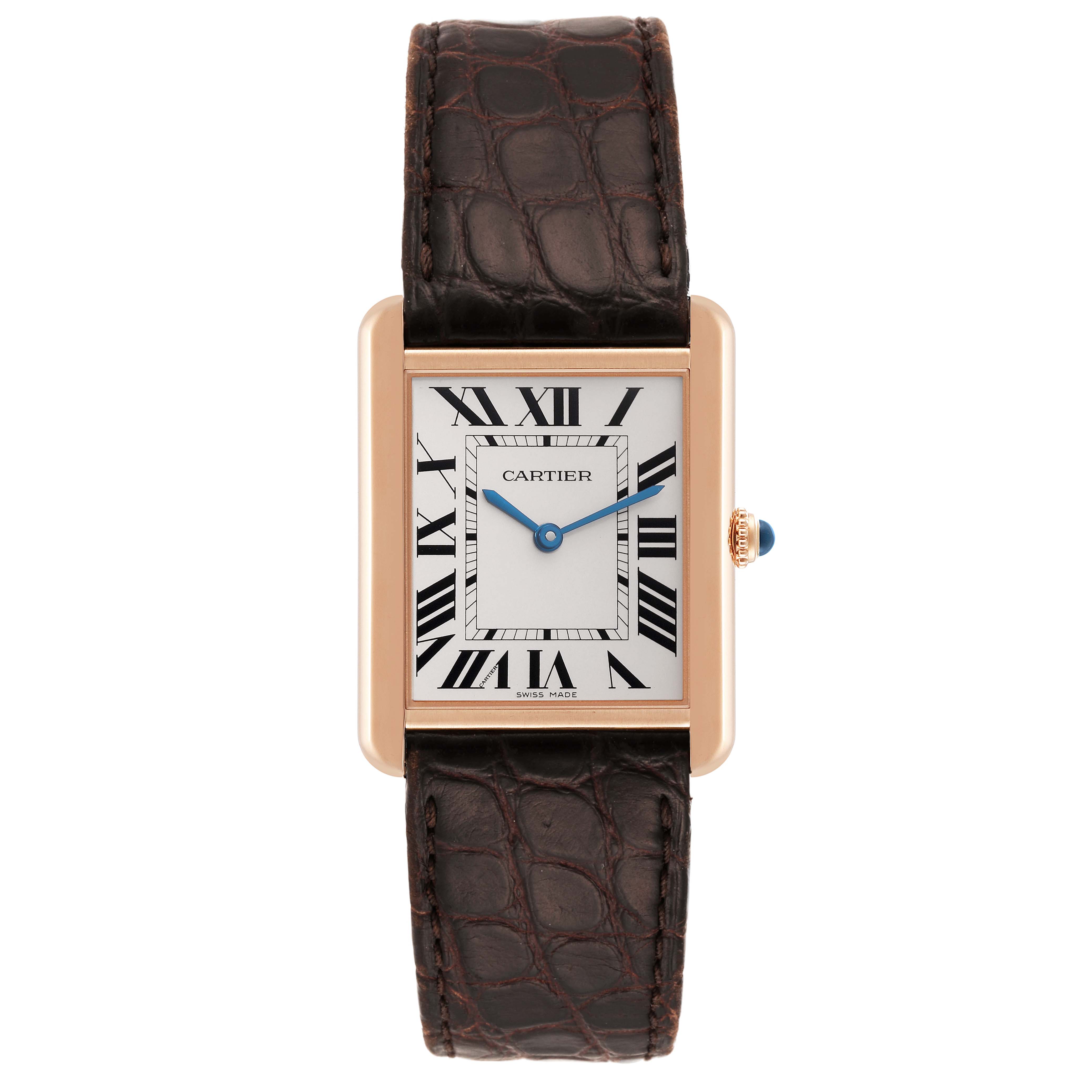 This image shows a front view of a Cartier Tank Solo W5200025 Men
s Rose Gold Silver Dial W5200025 Men
s Rose Gold Silver Dial watch, highlighting the dial, case, and leather strap.