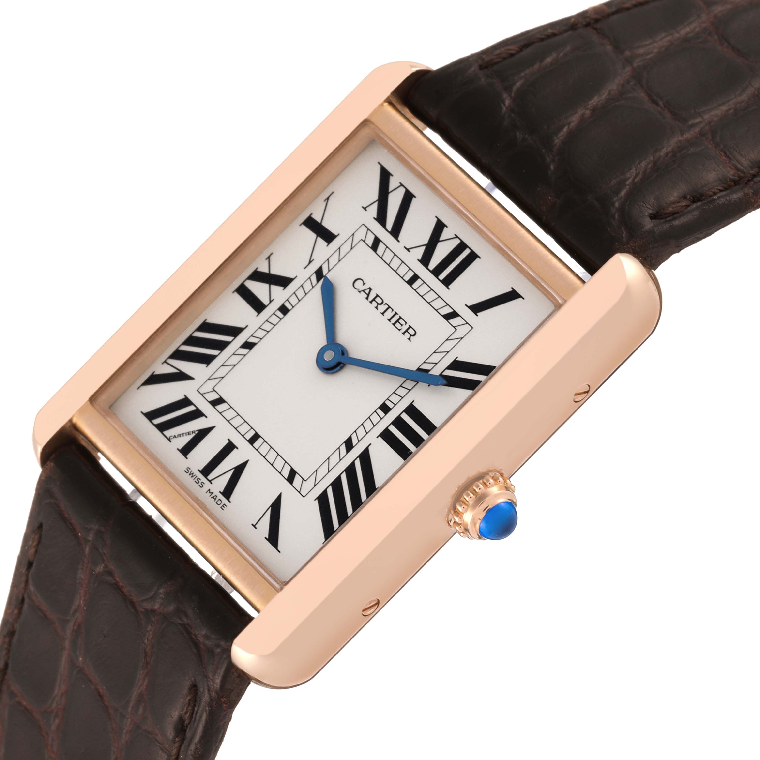 The image shows a Cartier Tank Solo W5200025 Men
s Rose Gold Silver Dial W5200025 Men
s Rose Gold Silver Dial watch from an angled top view, highlighting its rectangular face and crown with a blue cabochon.