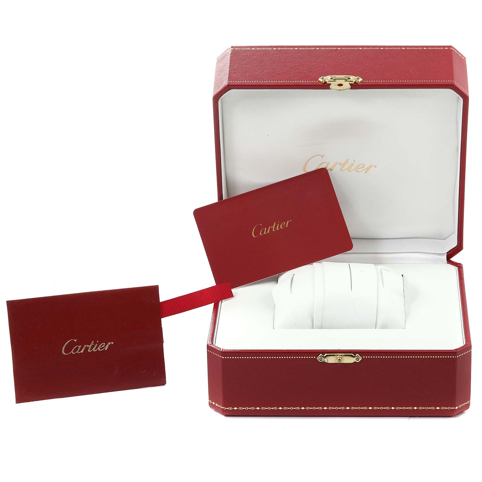 This image shows a Cartier Tank Solo W5200014 Men's Stainless Steel Silver Dial W5200014 Men's Stainless Steel Silver Dial watch box and accessories, including the warranty card and cushion inside an open red case.