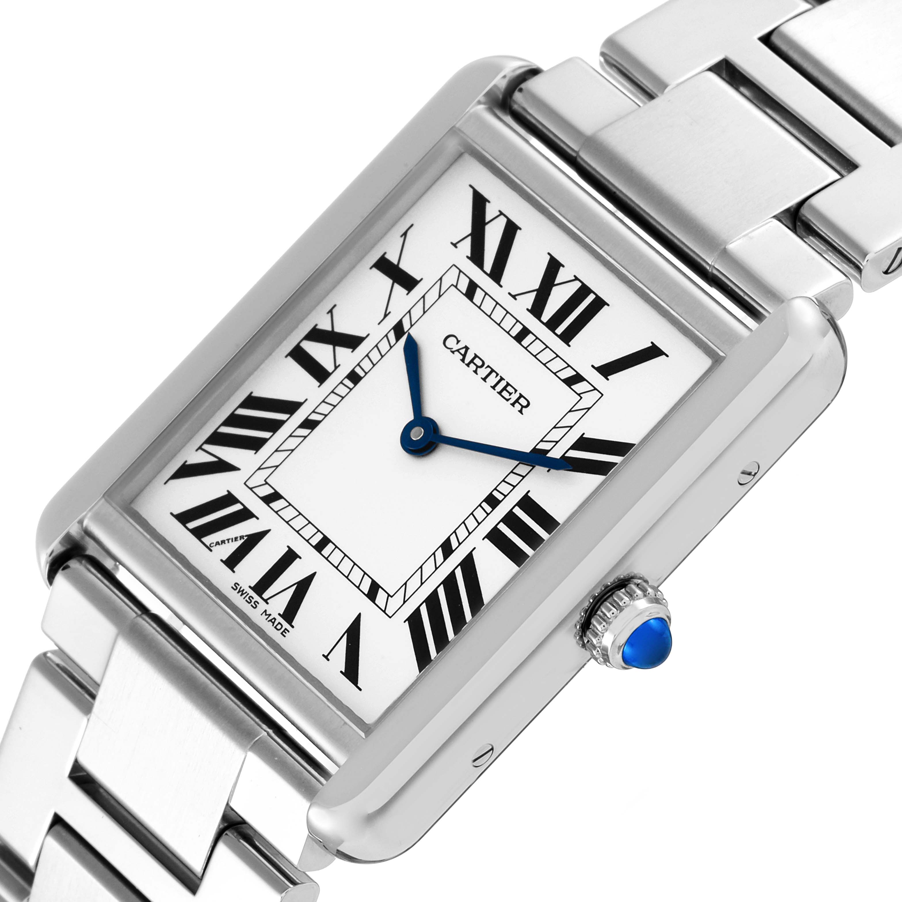 This image shows a close-up, angled view of a Cartier Tank Solo W5200014 Men's Stainless Steel Silver Dial W5200014 Men's Stainless Steel Silver Dial watch featuring its square face, Roman numerals, and metal bracelet.