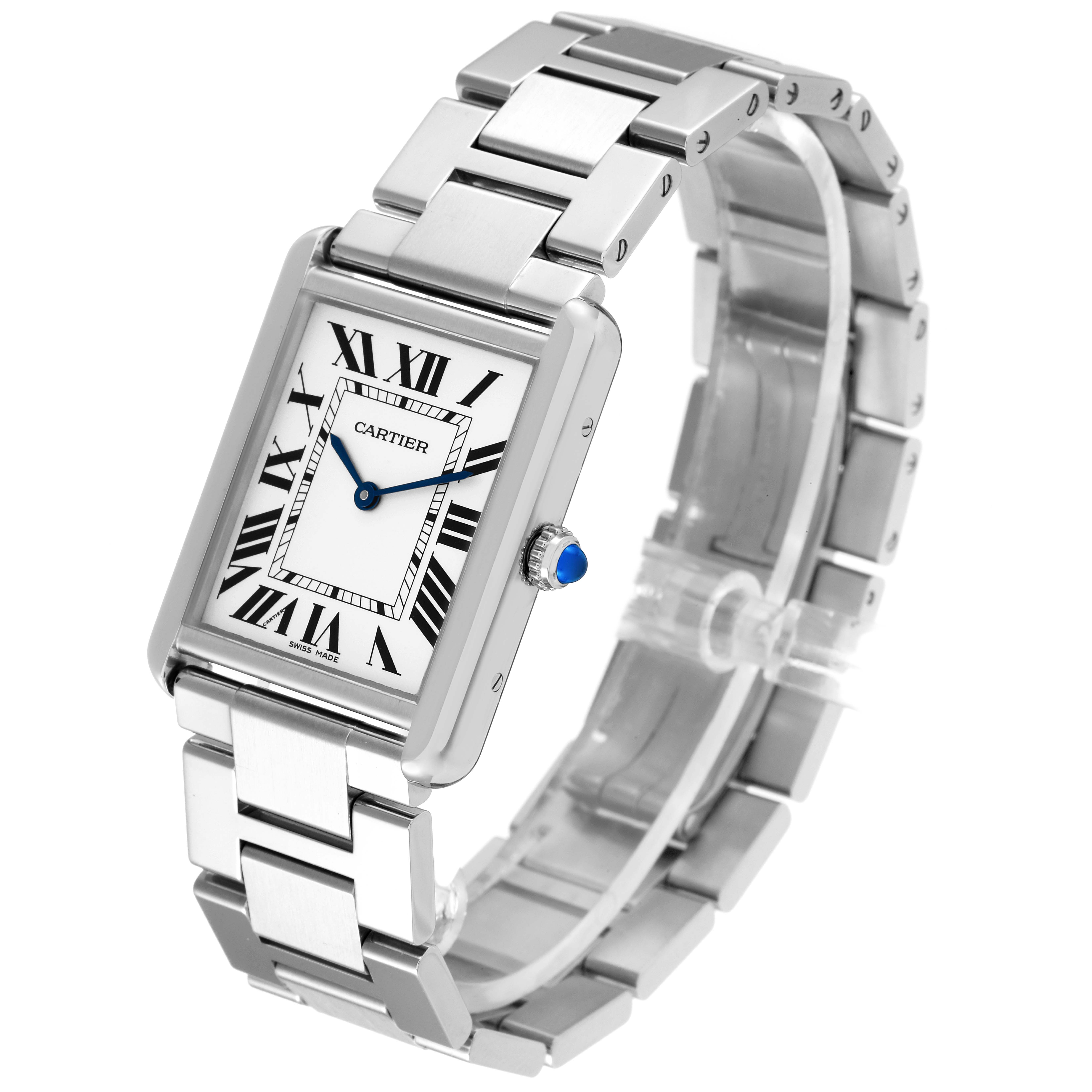 The Tank Solo watch by Cartier is shown from an angle, displaying the face, bracelet, and crown with a blue cabochon.