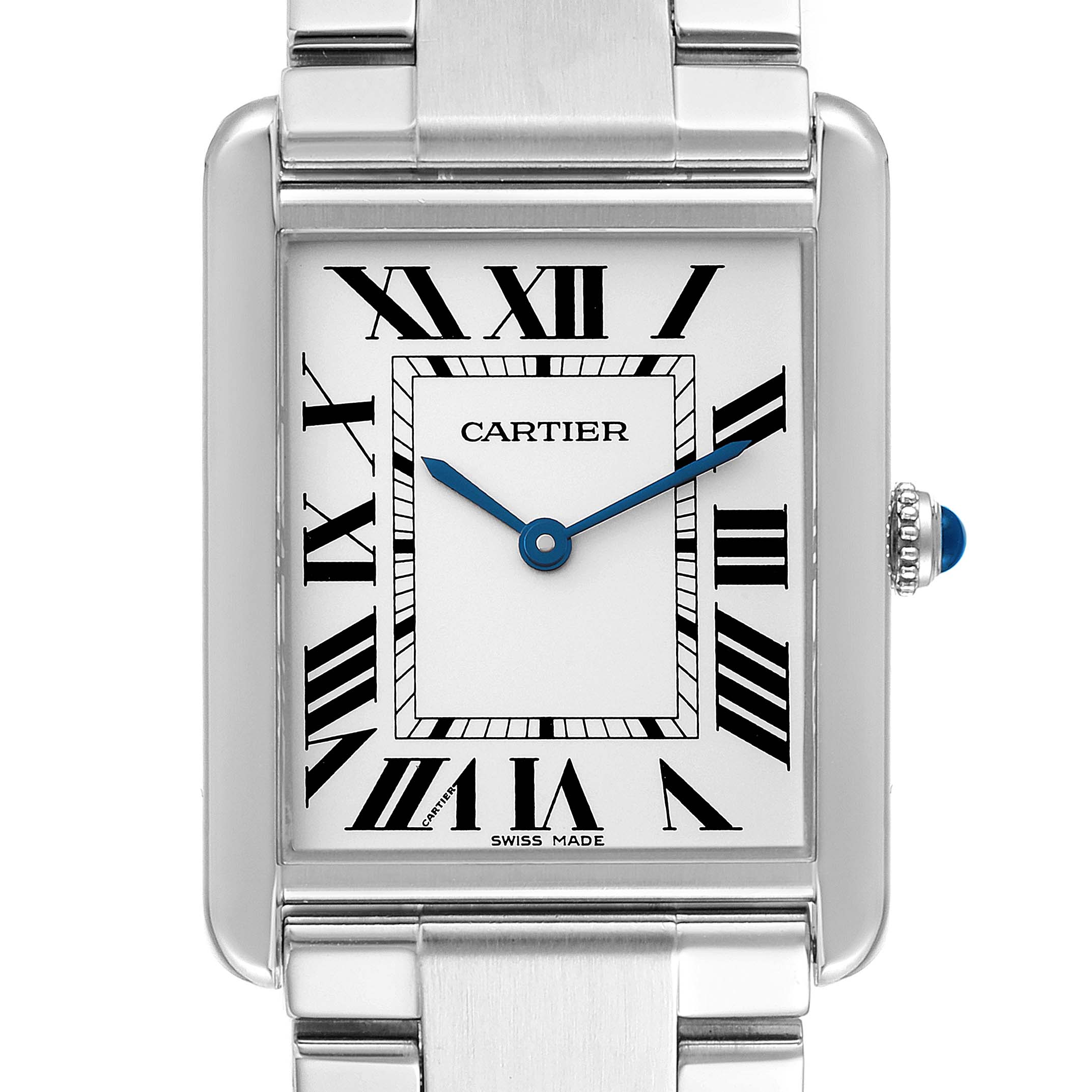 The image shows a close-up front view of a Tank Solo watch by Cartier, highlighting the dial and stainless steel bracelet.