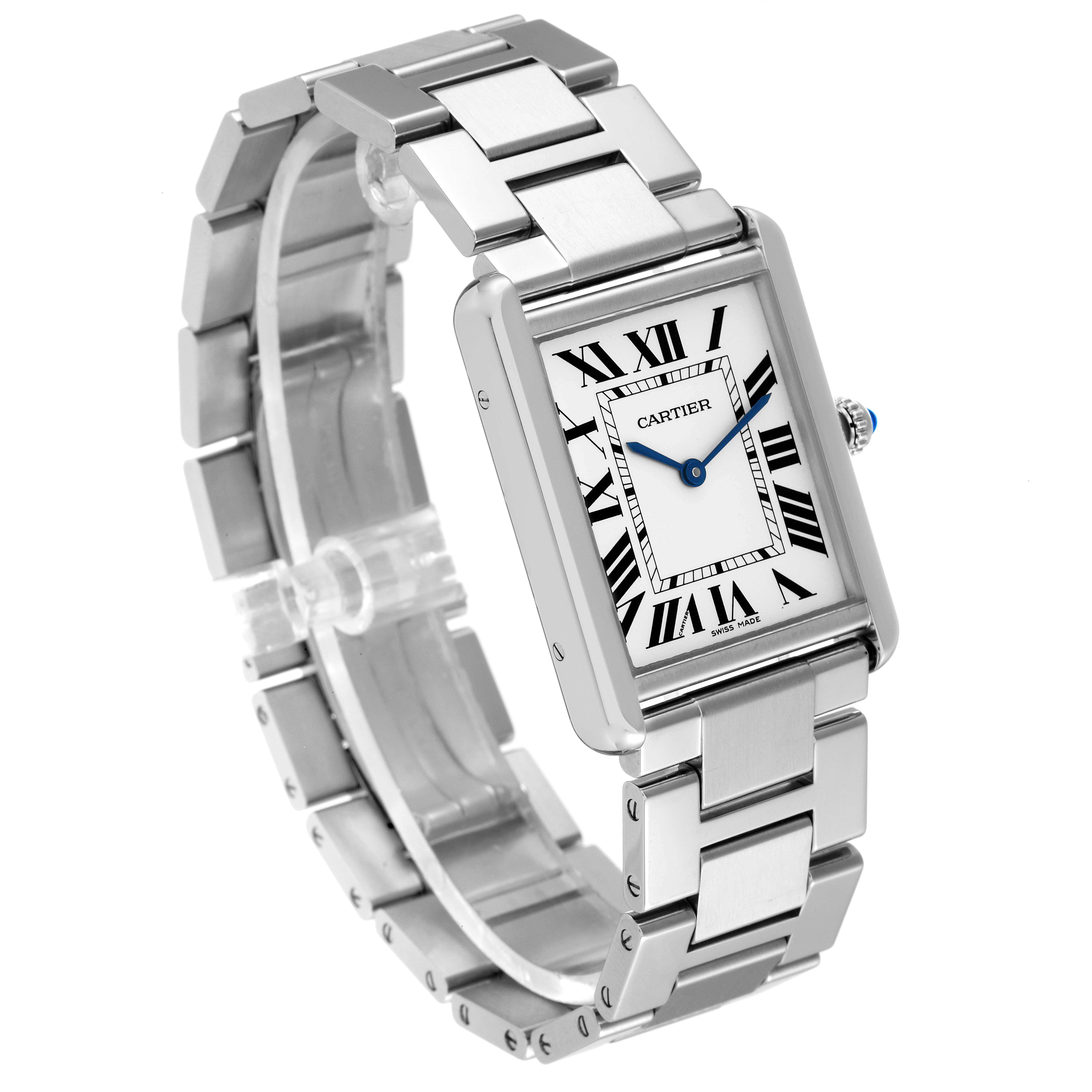 The image shows a front-side angle of the Cartier Tank Solo W5200014 Men's Stainless Steel Silver Dial W5200014 Men's Stainless Steel Silver Dial watch, highlighting its face, crown, and metal bracelet.