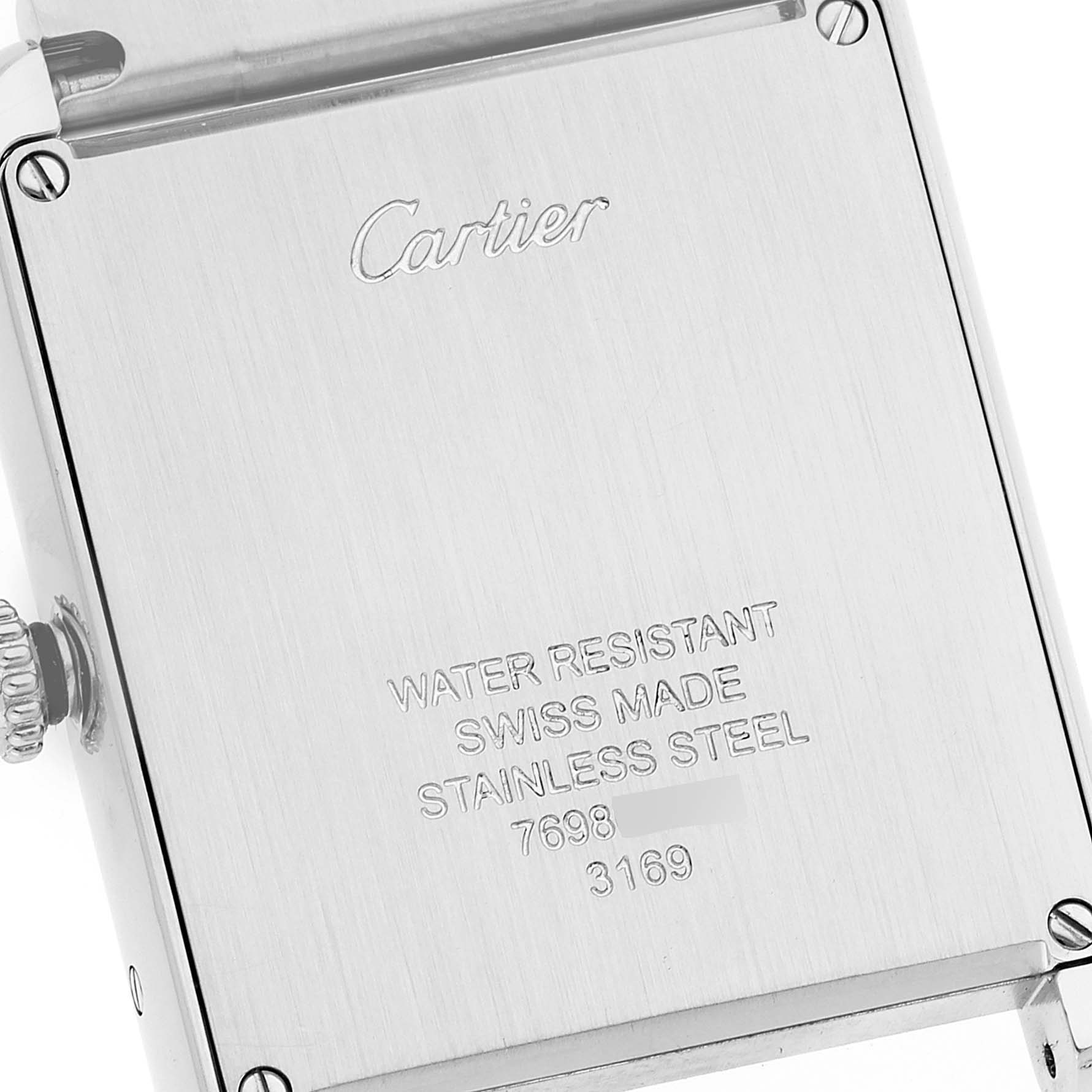 This image shows the back casing and engraved details of the Cartier Tank Solo W5200014 Men's Stainless Steel Silver Dial W5200014 Men's Stainless Steel Silver Dial watch in stainless steel.