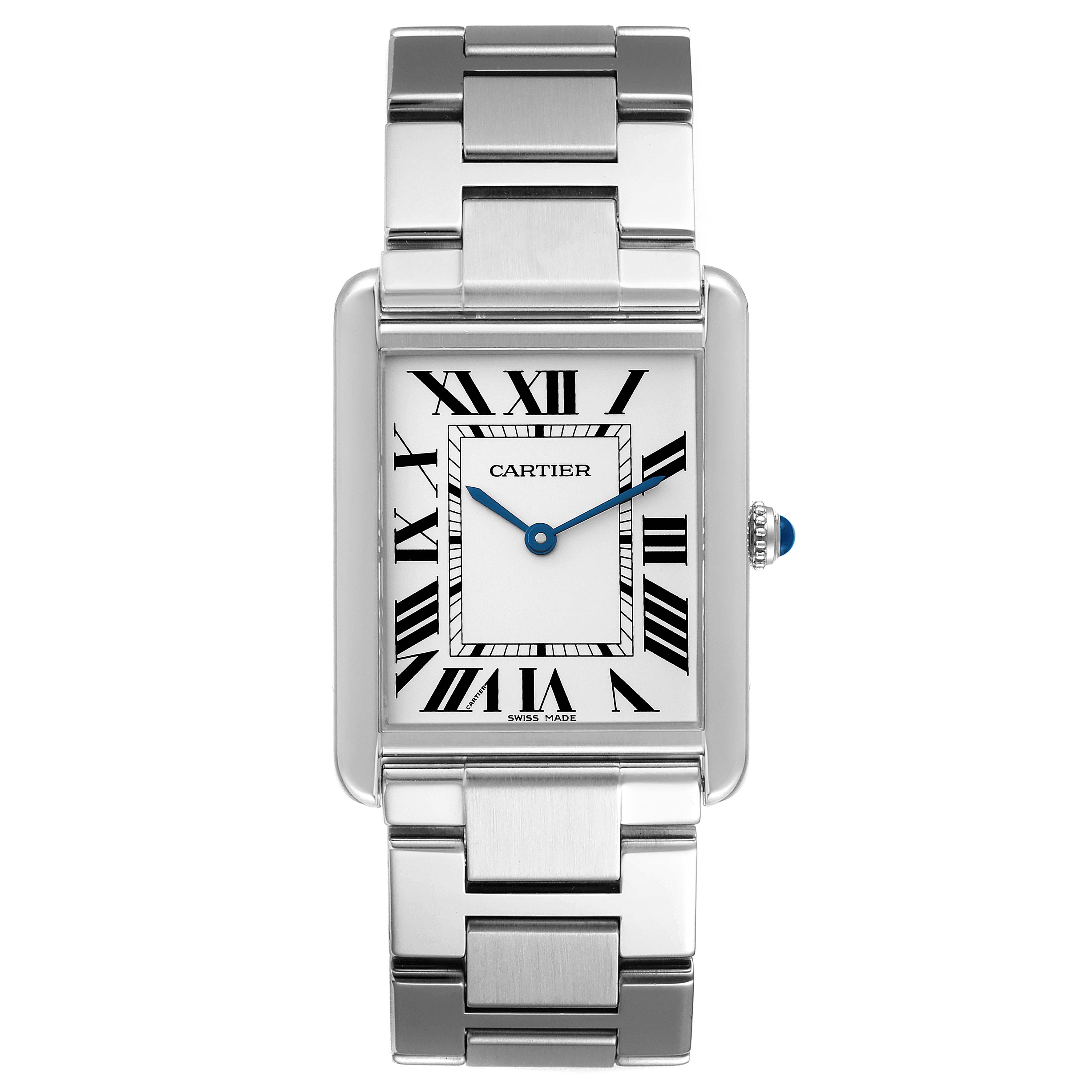 The Cartier Tank Solo W5200014 Men's Stainless Steel Silver Dial W5200014 Men's Stainless Steel Silver Dial watch is shown from a direct front angle, displaying its face, bezel, and metallic bracelet in full view.