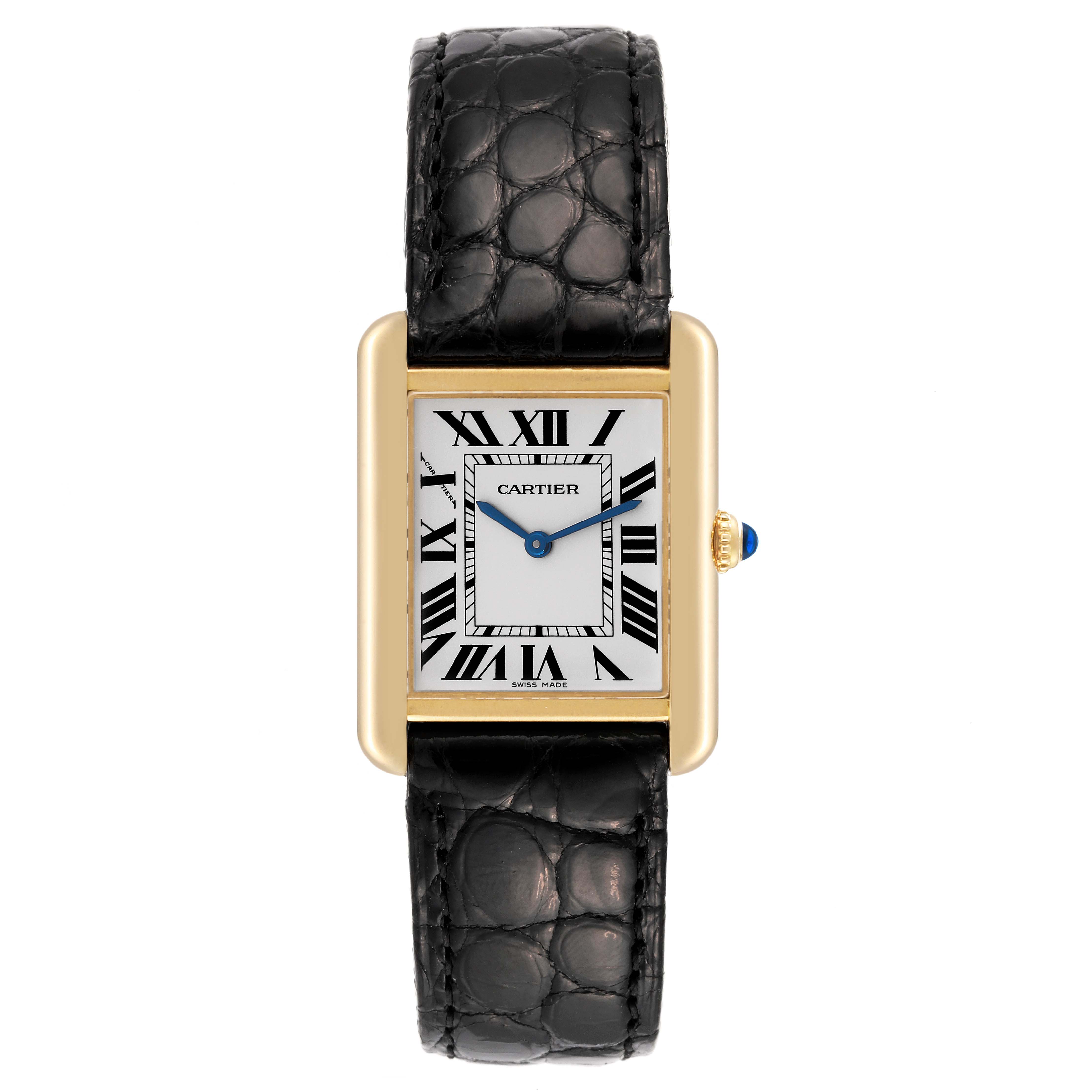 The image shows a Cartier Tank Solo W5200002 Women's Yellow Gold Silver Dial W5200002 Women's Yellow Gold Silver Dial watch from a top-down view, highlighting its rectangular face, Roman numerals, and black leather strap.