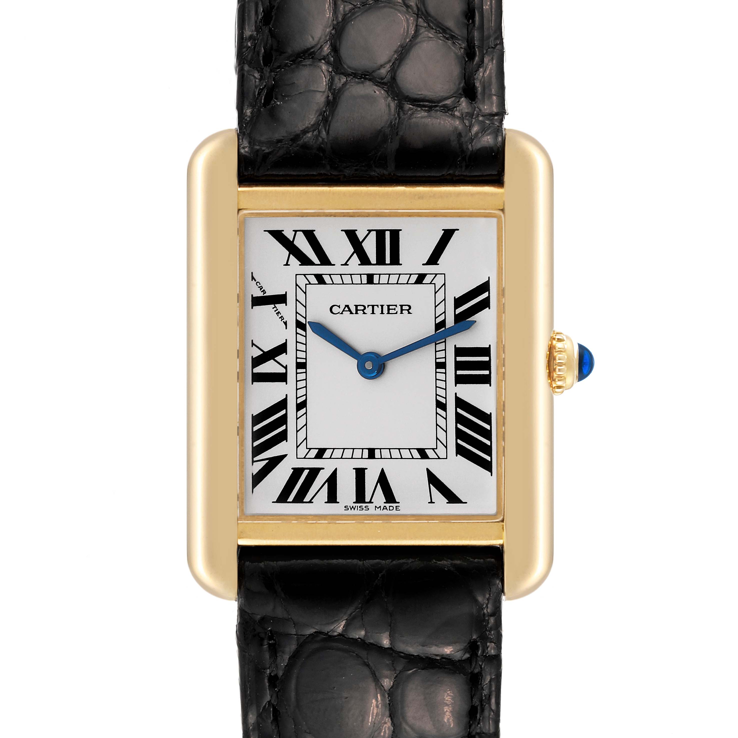 This image shows a front view of the Cartier Tank Solo W5200002 Women's Yellow Gold Silver Dial W5200002 Women's Yellow Gold Silver Dial watch, highlighting its rectangular dial, Roman numerals, and black leather strap.