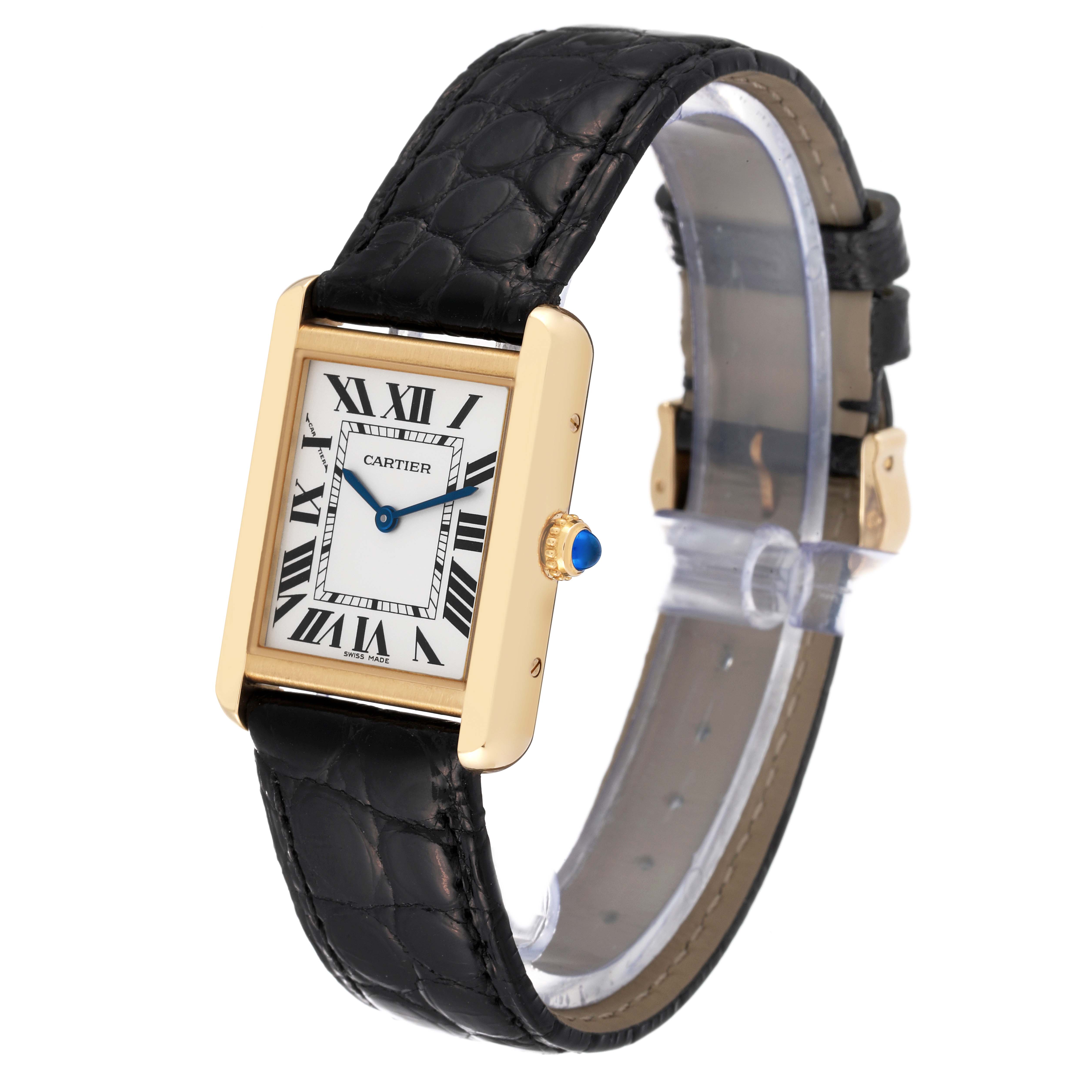 The image shows a Cartier Tank Solo W5200002 Women's Yellow Gold Silver Dial W5200002 Women's Yellow Gold Silver Dial watch at a three-quarter angle, highlighting its rectangular face, Roman numerals, and black leather strap.