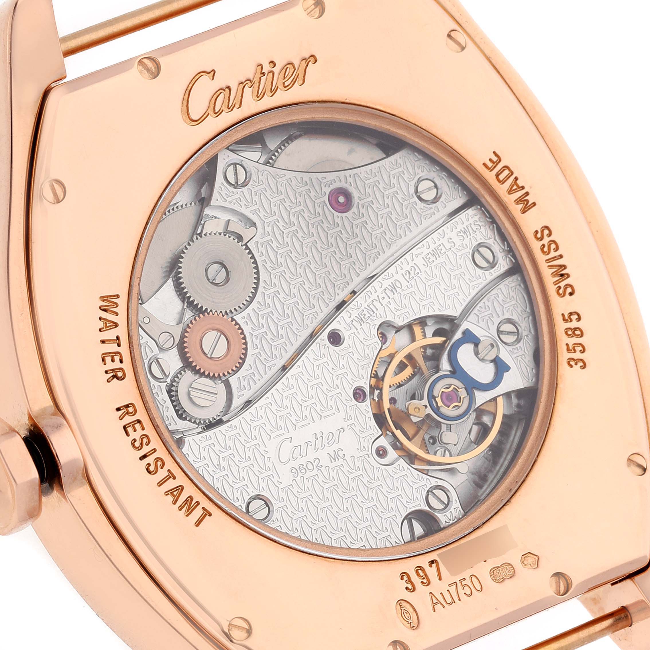 This image shows the back view of the Cartier Tortue W1556234 Men's Rose Gold Silver Dial W1556234 Men's Rose Gold Silver Dial watch, revealing its internal mechanisms and branding engravings.