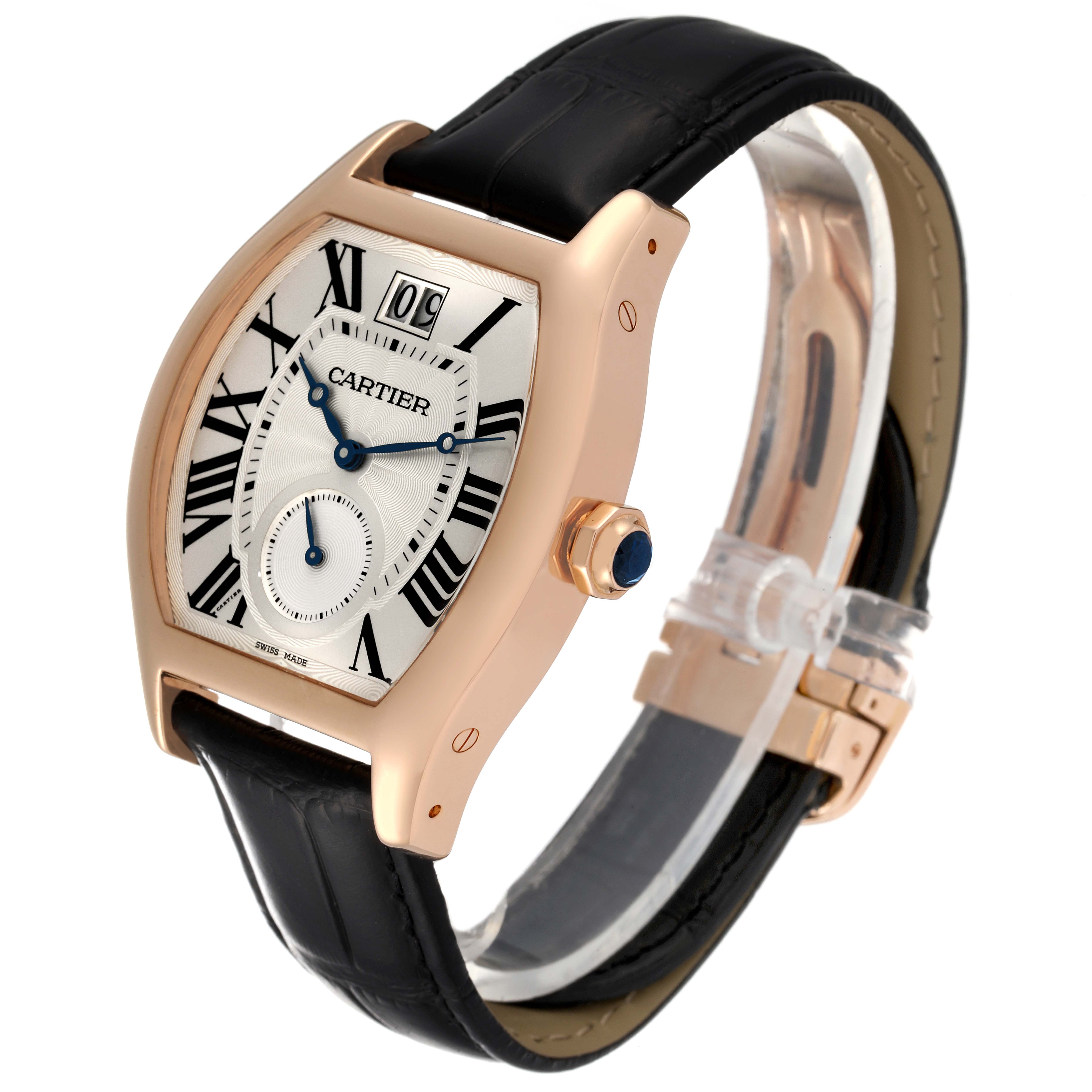 This Cartier Tortue W1556234 Men's Rose Gold Silver Dial W1556234 Men's Rose Gold Silver Dial model watch is shown at a three-quarter angle, highlighting the dial, case, and black leather strap.