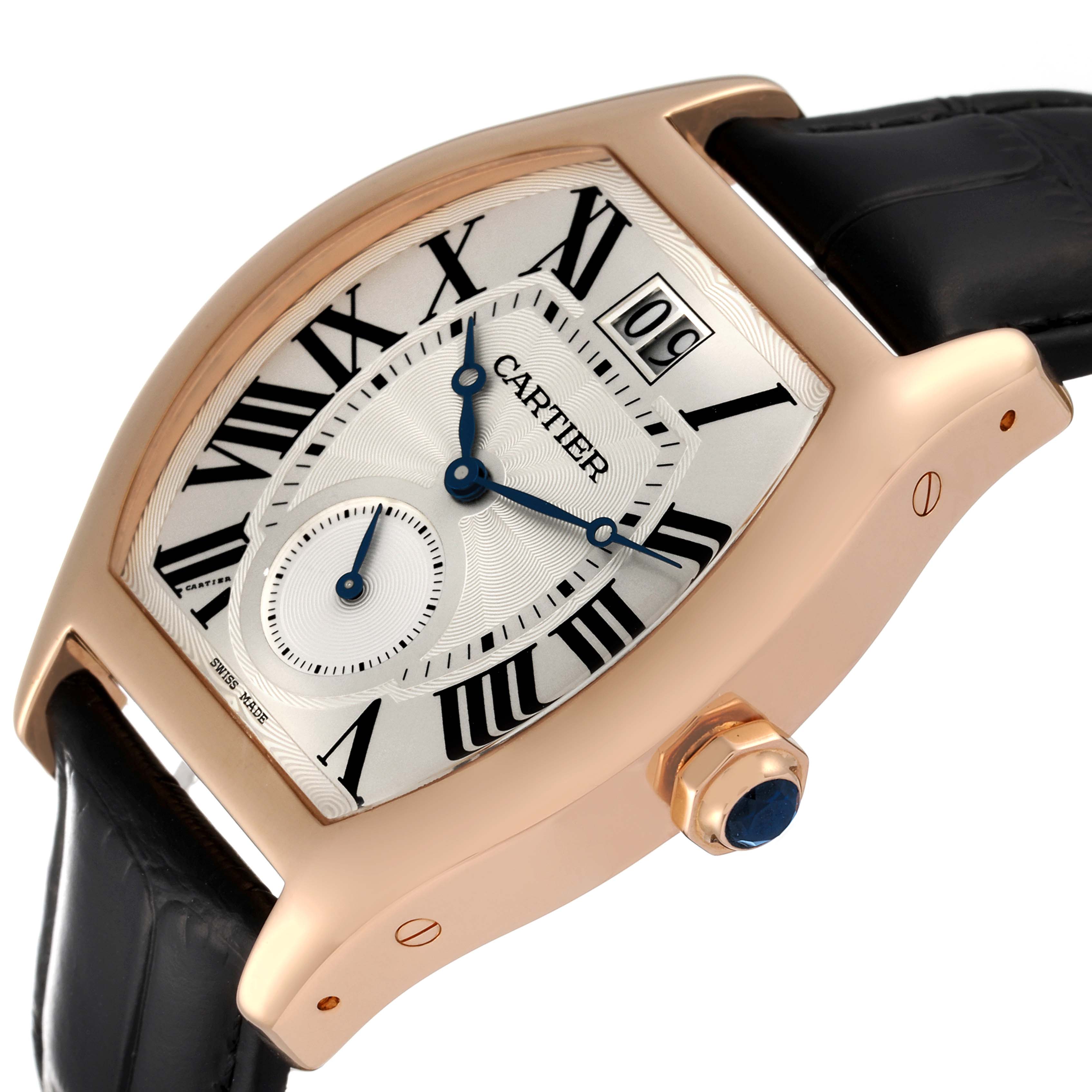 This image shows a Cartier Tortue W1556234 Men's Rose Gold Silver Dial W1556234 Men's Rose Gold Silver Dial model watch at a slight angle highlighting the face, Roman numerals, date, and crown.