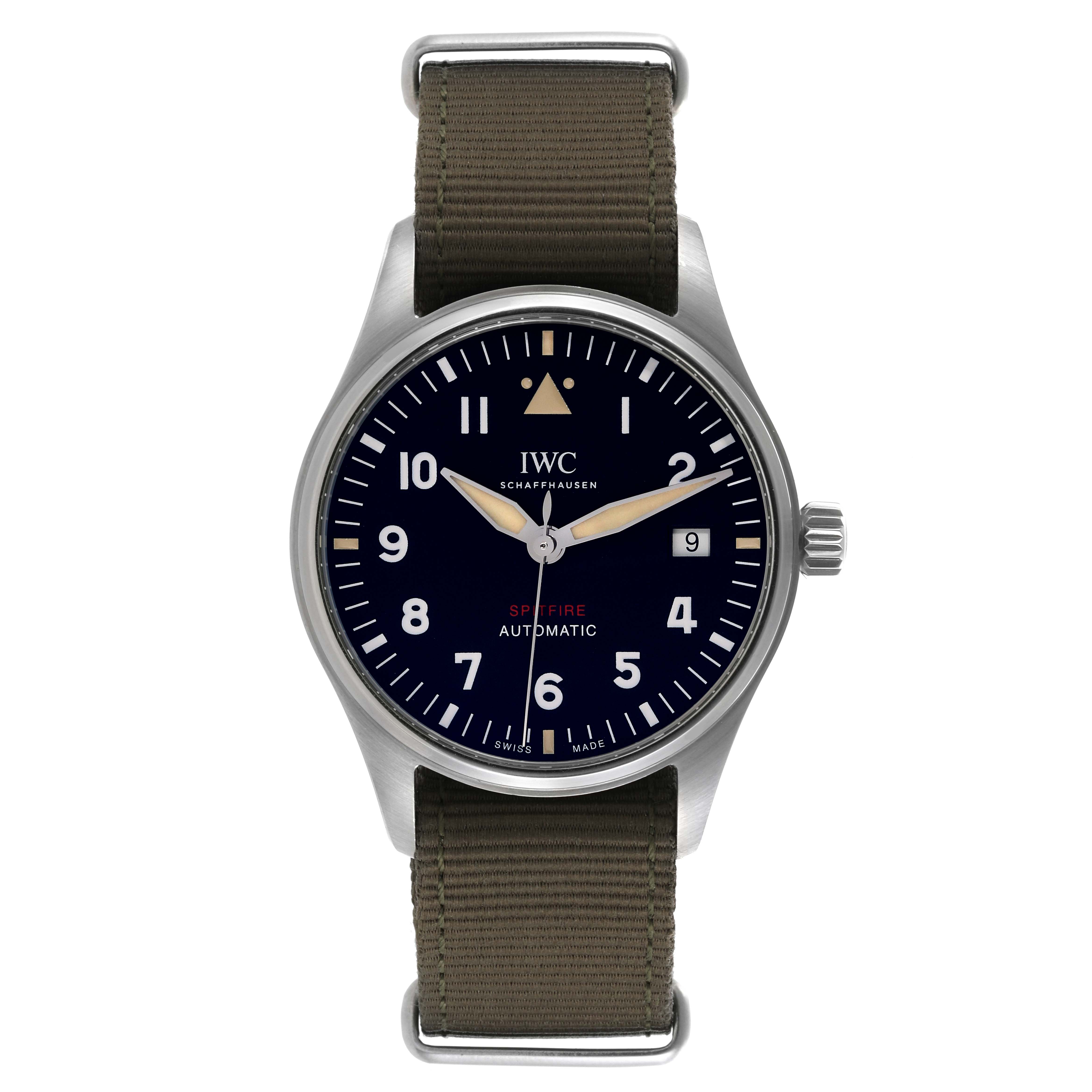 The image shows a front view of the IWC Pilot IW326801 Men's Stainless Steel Black Dial IW326801 Men's Stainless Steel Black Dial watch, featuring its dial, bezel, and olive strap.