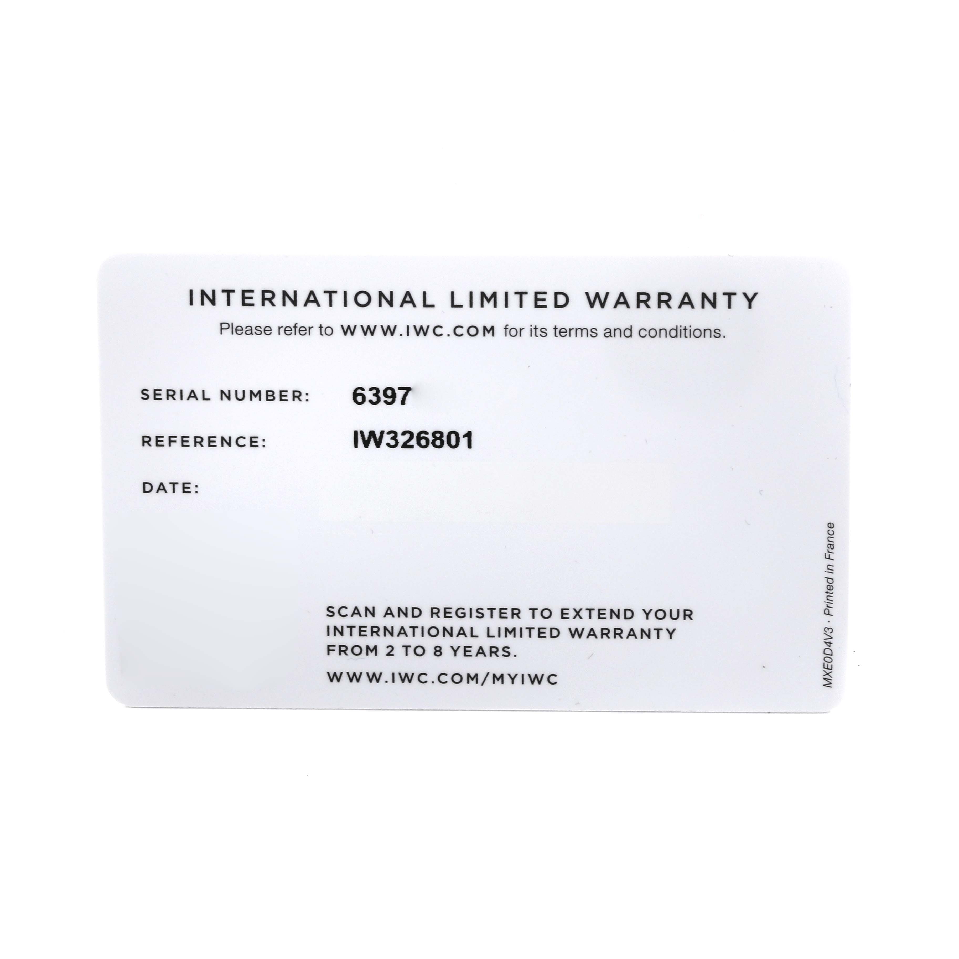 This image shows an IWC Pilot IW326801 Men's Stainless Steel Black Dial IW326801 Men's Stainless Steel Black Dial model warranty card with serial and reference numbers.