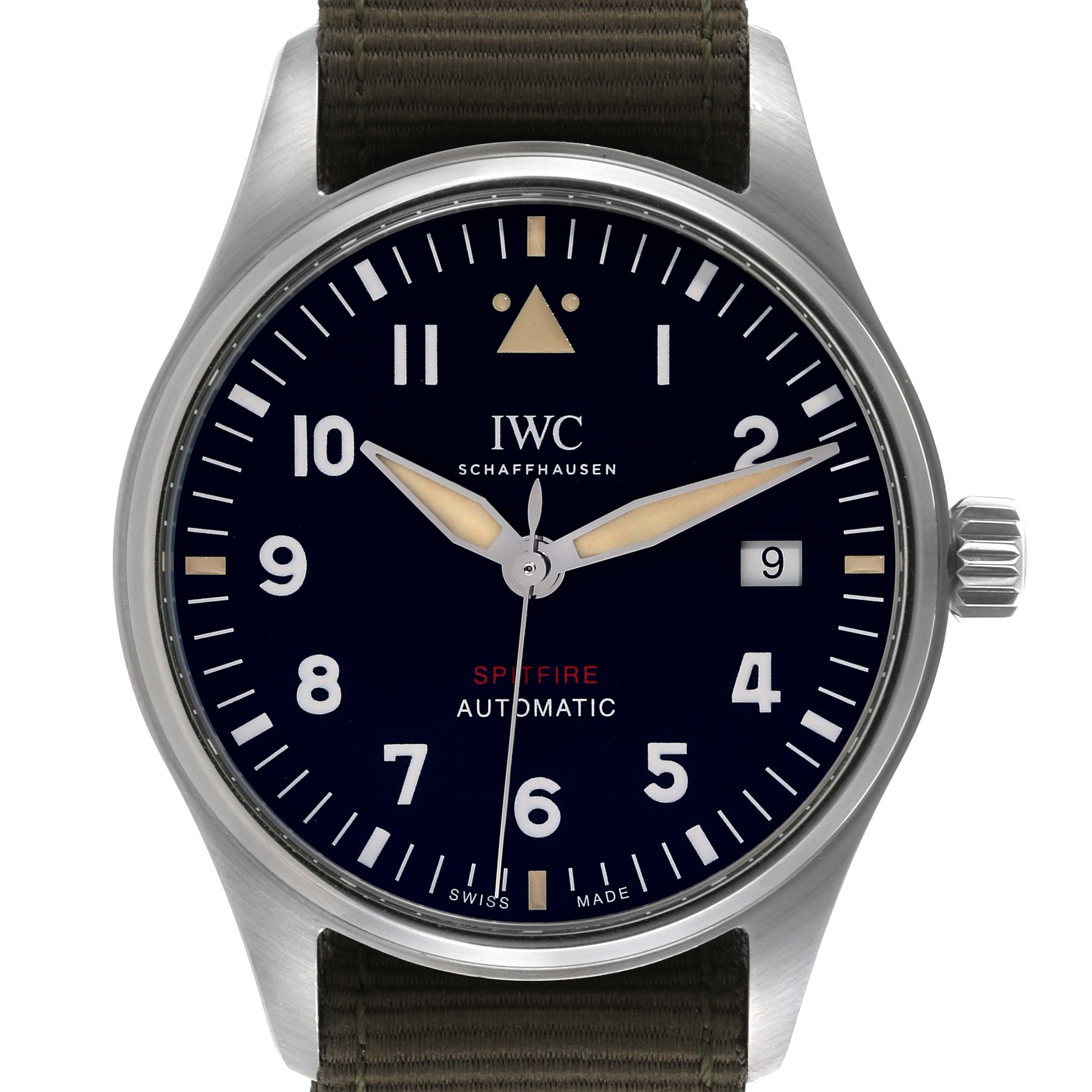 The IWC Pilot IW326801 Men's Stainless Steel Black Dial IW326801 Men's Stainless Steel Black Dial watch is shown from the front, displaying its face, hands, and crown.