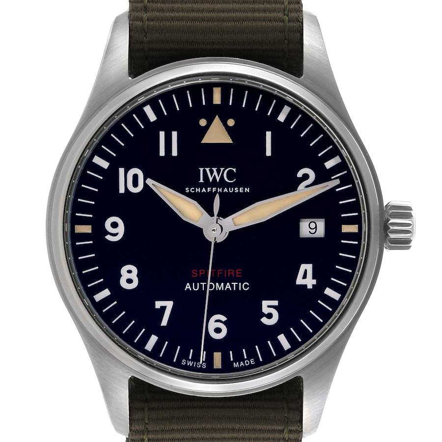 The IWC Pilot watch is shown from the front, displaying its face, hands, and crown.