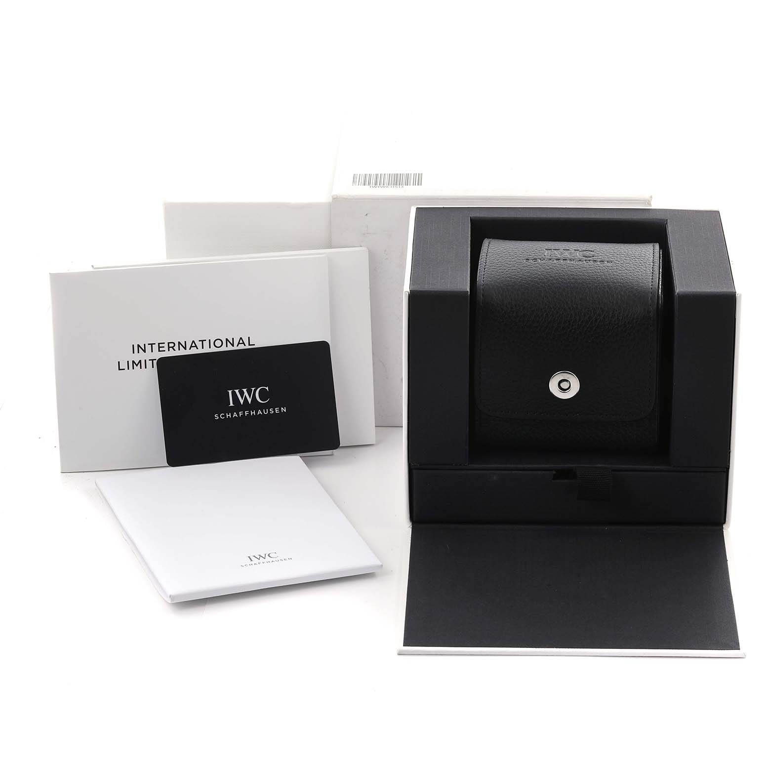 The image shows the packaging, box, and documents for an IWC Pilot IW326801 Men's Stainless Steel Black Dial IW326801 Men's Stainless Steel Black Dial model watch, viewed from a front angle.