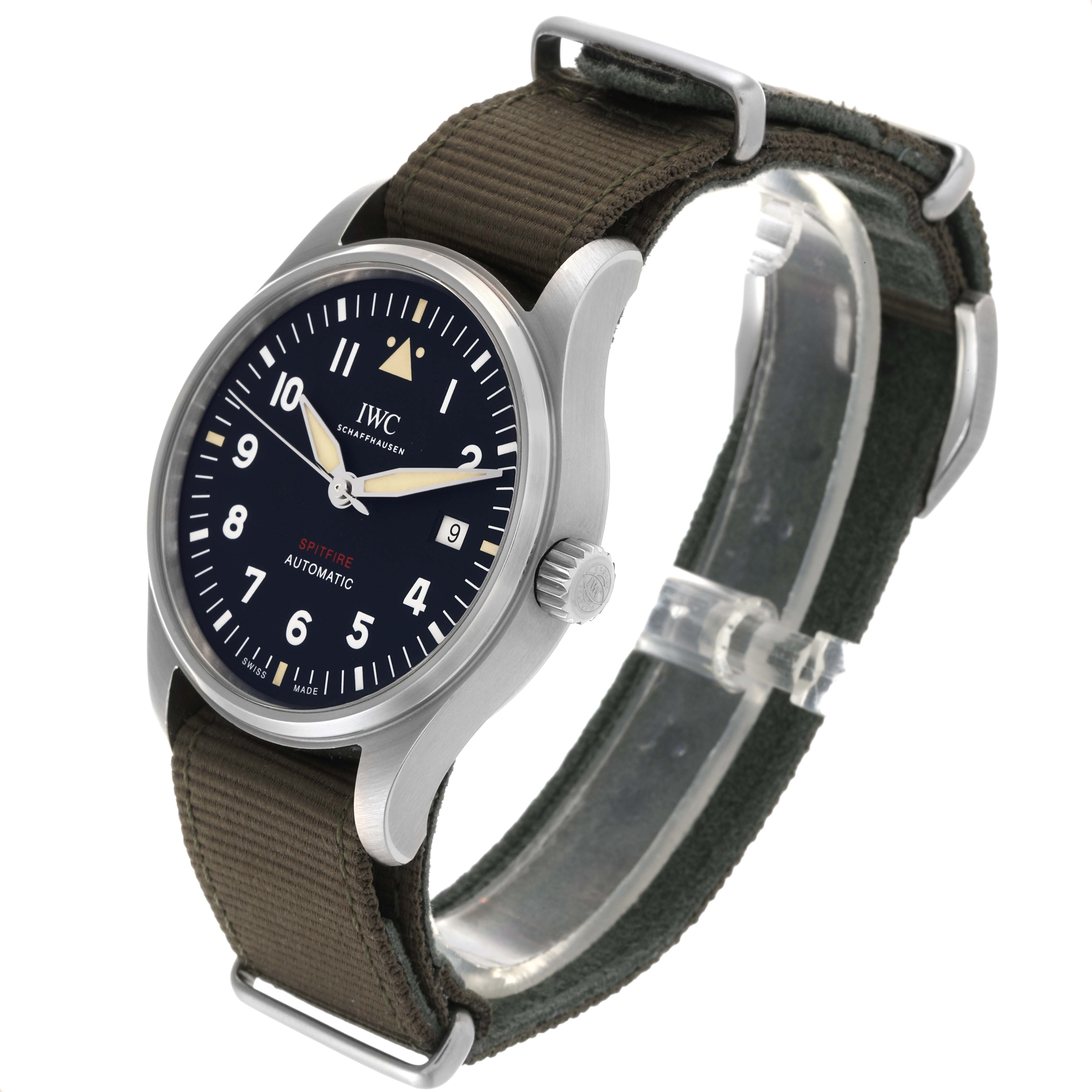 The IWC Pilot IW326801 Men's Stainless Steel Black Dial IW326801 Men's Stainless Steel Black Dial watch is shown at a slight angle, revealing the face, crown, and green fabric strap.