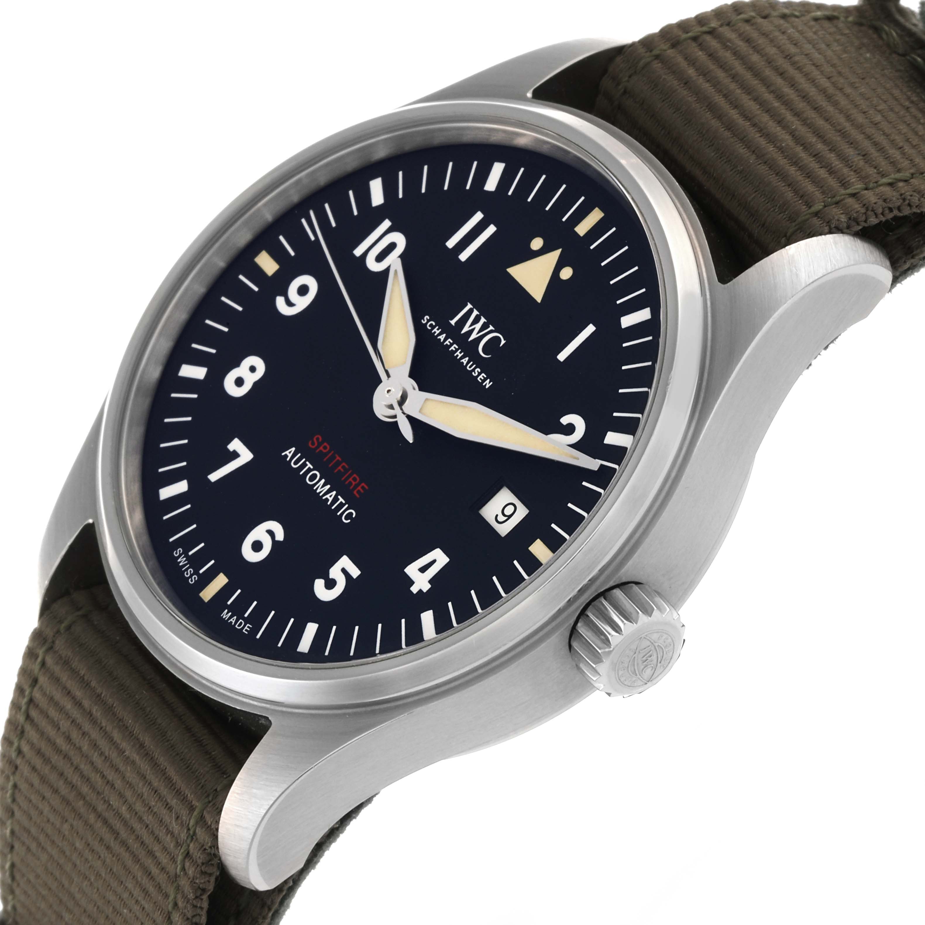 The IWC Pilot IW326801 Men's Stainless Steel Black Dial IW326801 Men's Stainless Steel Black Dial model is shown at a slight angle, highlighting its face, bezel, crown, and part of the strap.