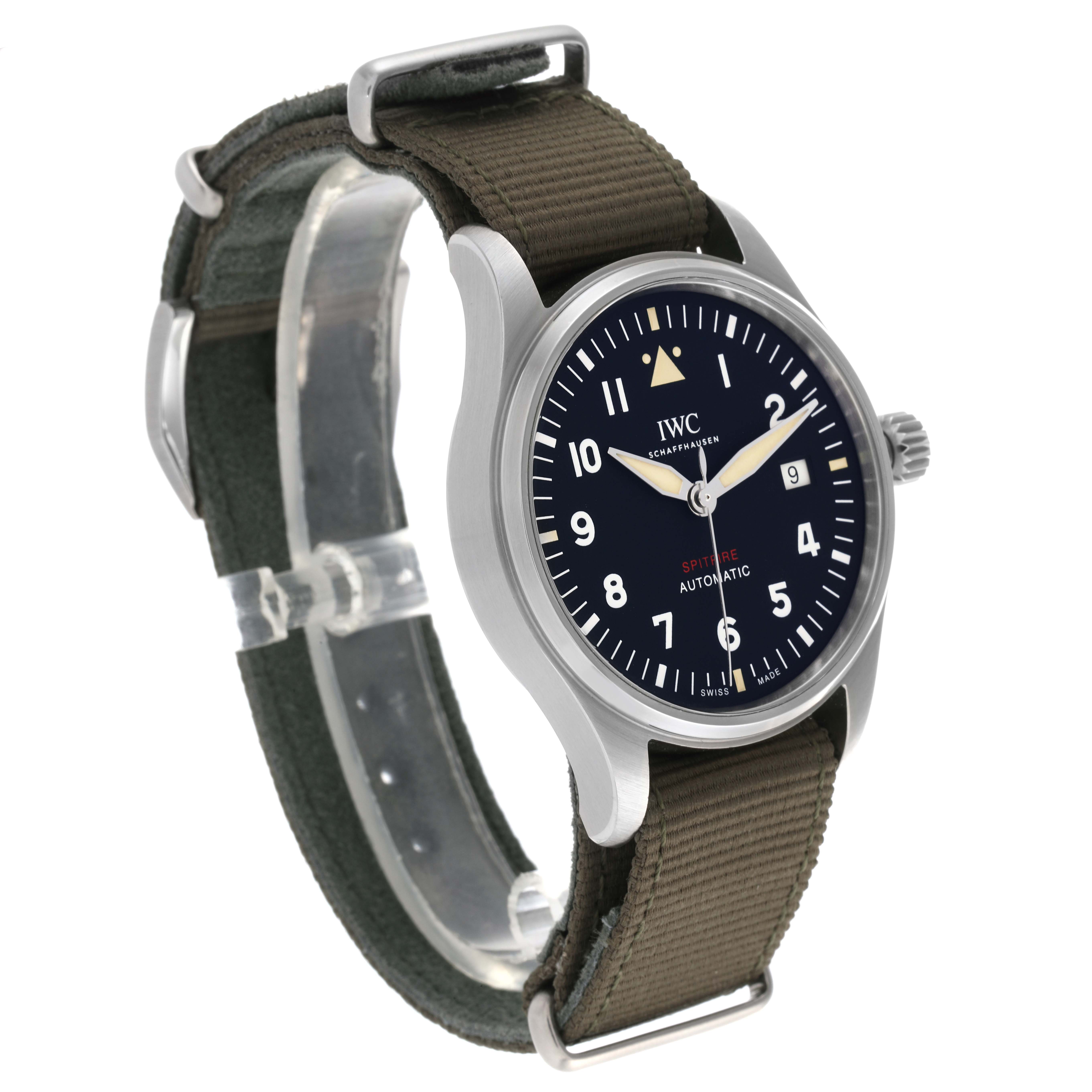 The IWC Pilot IW326801 Men's Stainless Steel Black Dial IW326801 Men's Stainless Steel Black Dial model watch is shown at a three-quarter angle, displaying the face, bezel, crown, and green strap.