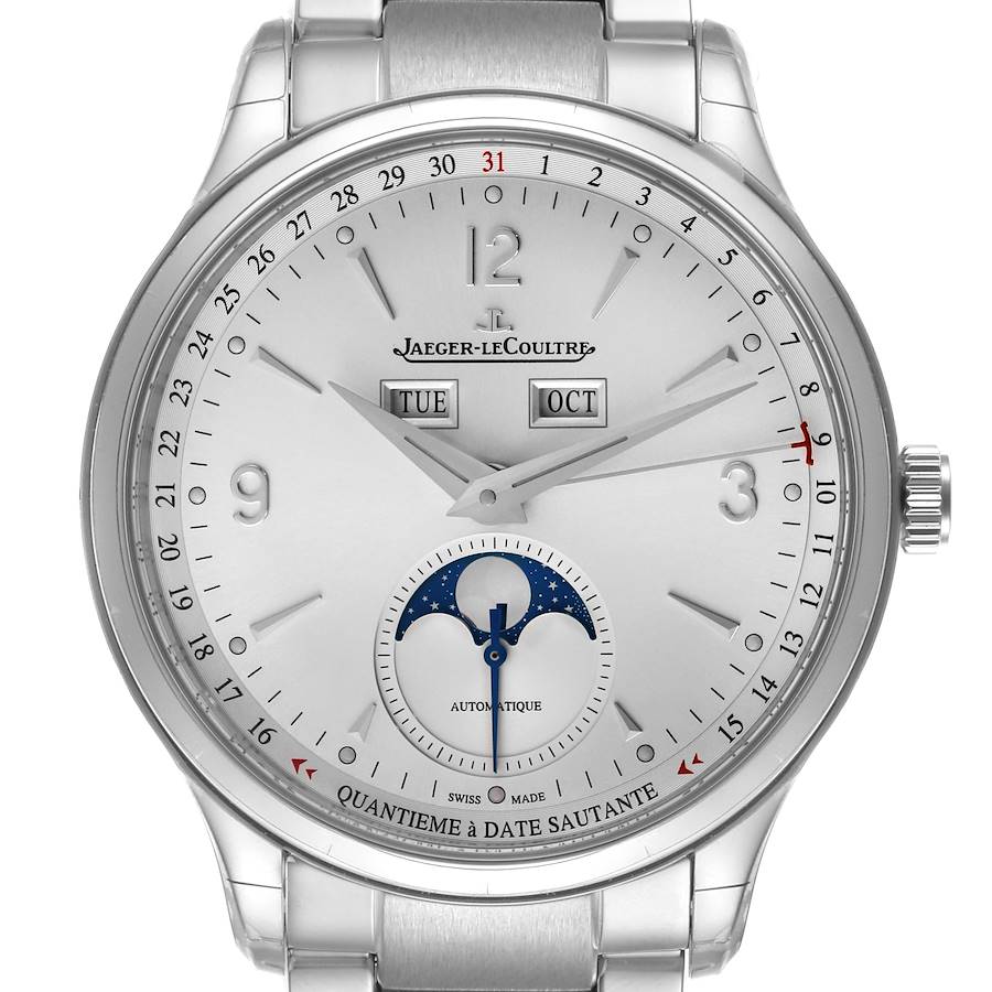 The Jaeger-LeCoultre Master watch is shown from the front, displaying the dial, hands, crown, and moon phase indicator.