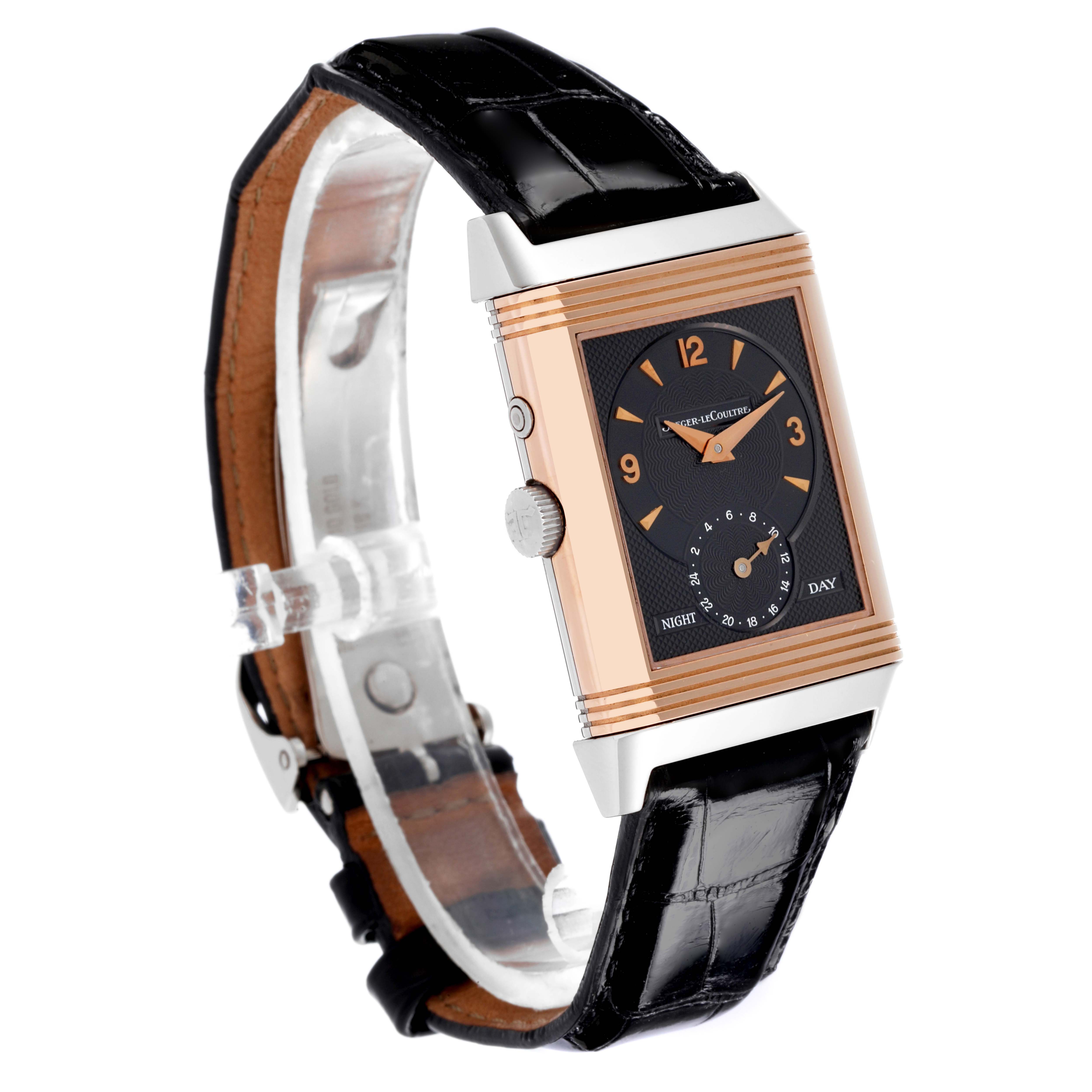 The Jaeger-LeCoultre Reverso watch is shown at an angle highlighting its rectangular face, crown, and leather strap.