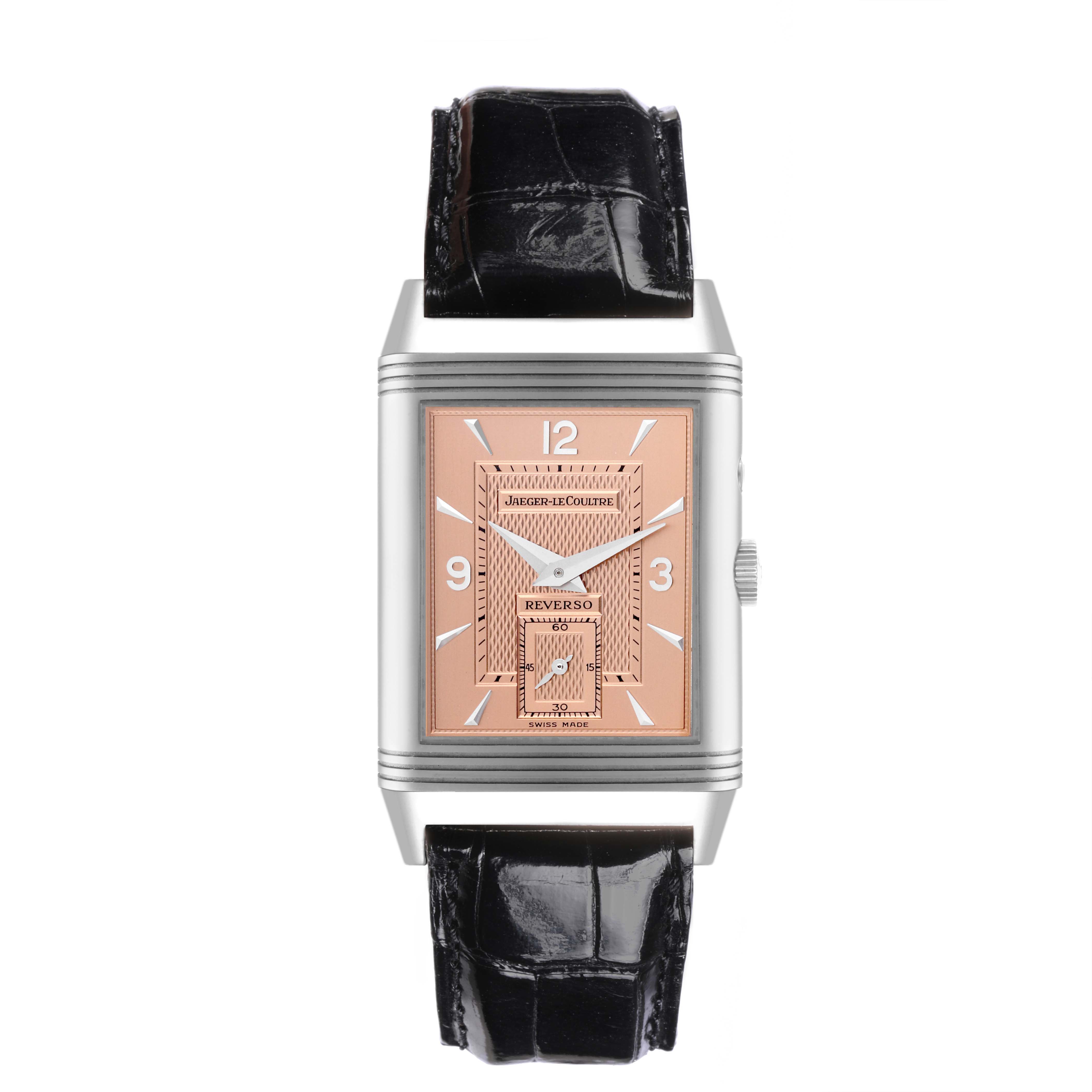 The watch is shown from a top view, featuring the Jaeger-LeCoultre Reverso's dial, case, and leather strap.