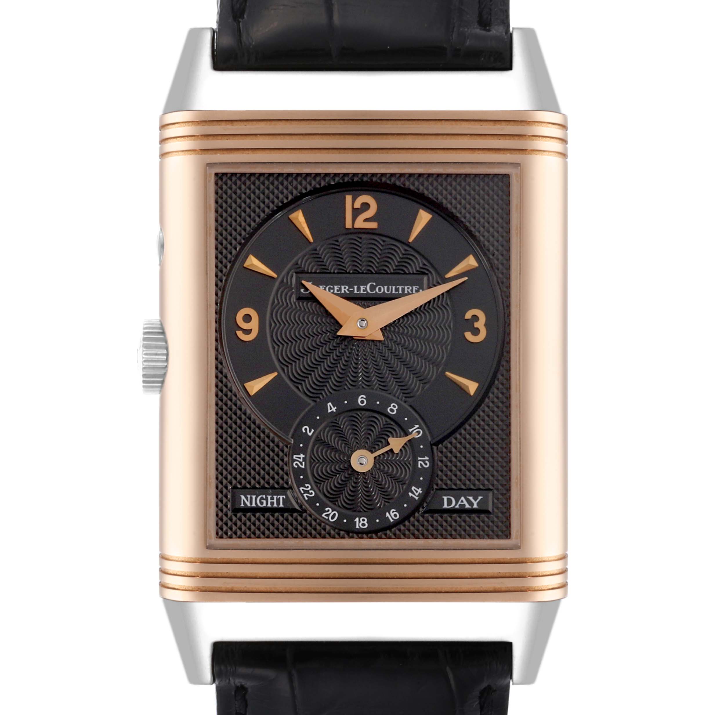 The Jaeger-LeCoultre Reverso watch is shown from the front, displaying its dial, case, and crown.
