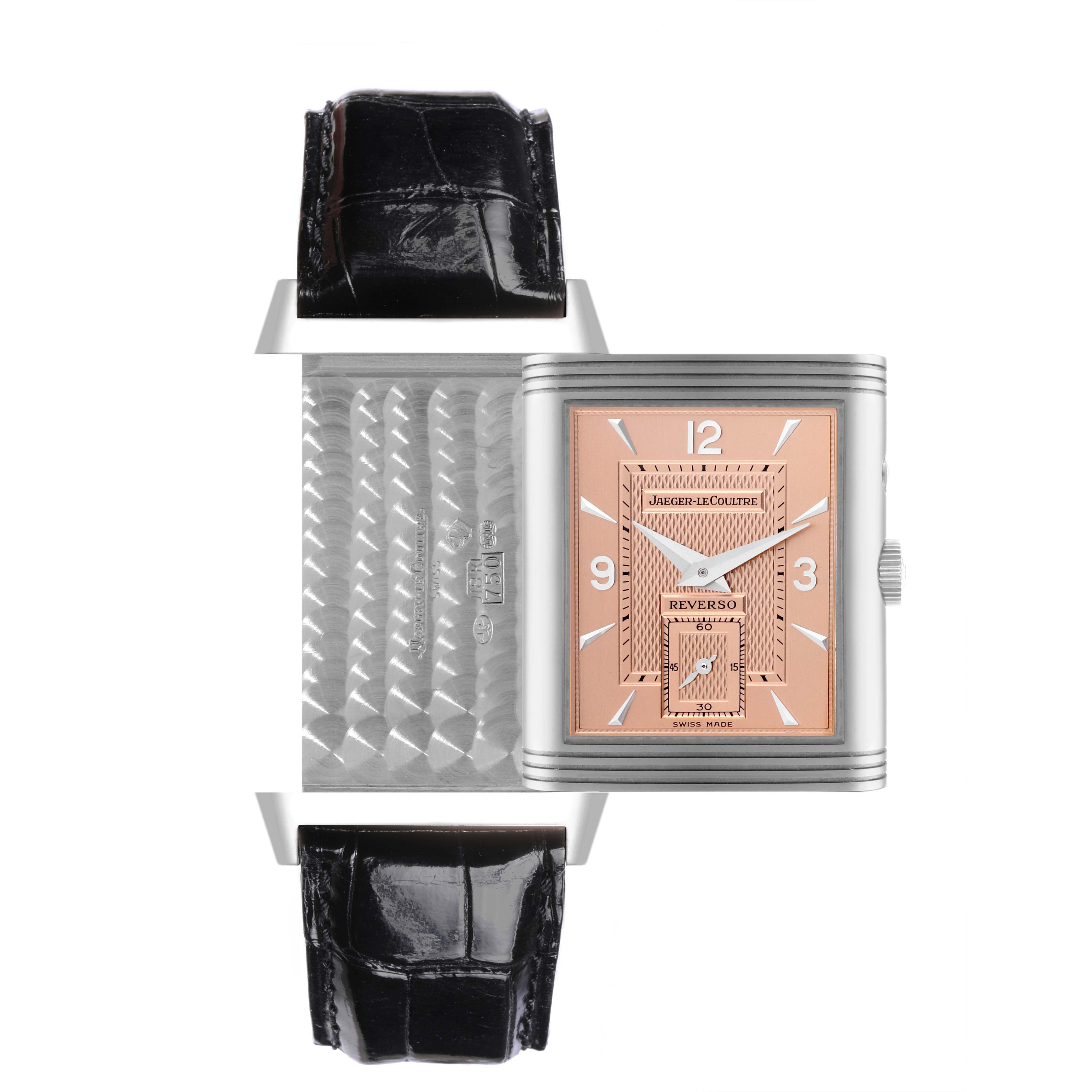 The image shows a Jaeger-LeCoultre Reverso watch with its case swiveled, displaying both the reverse side and the watch face.