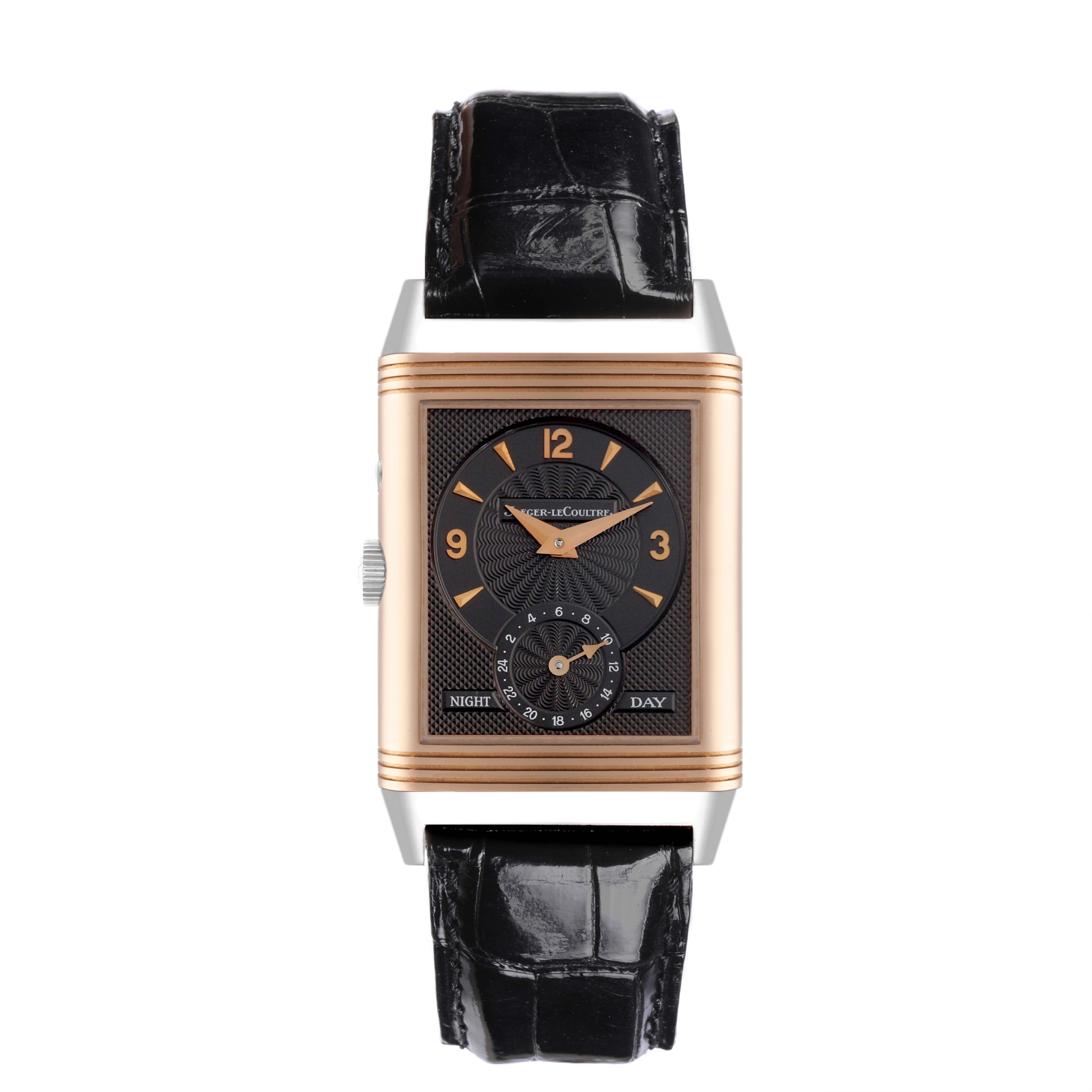 The Jaeger-LeCoultre Reverso watch is shown from the front, displaying the dial, case, and leather strap.