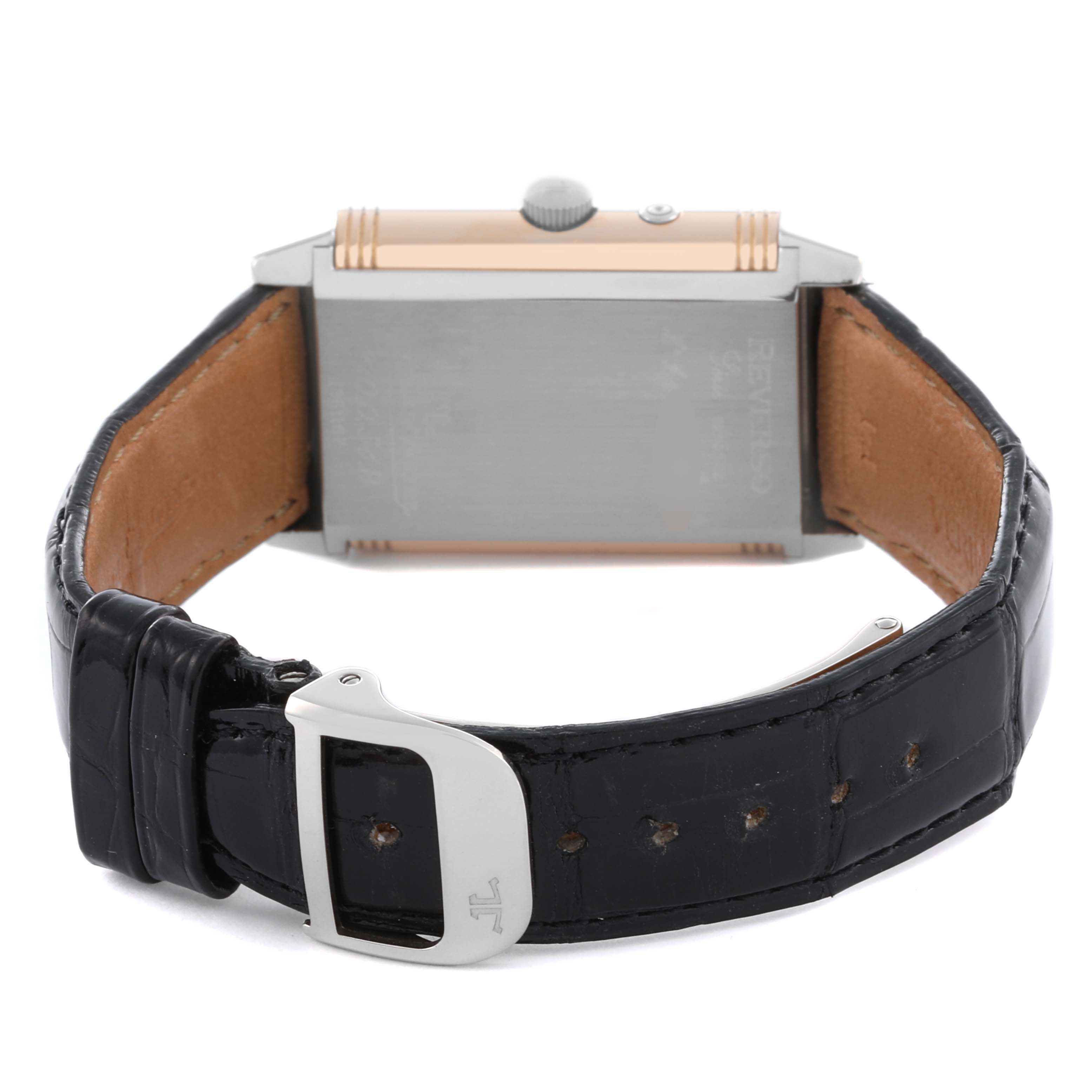 The image shows the back of the Jaeger LeCoultre Reverso 270.0.54.A Men's White Gold Pink Dial 270.0.54.A Men's White Gold Pink Dial watch with a leather strap and buckle.