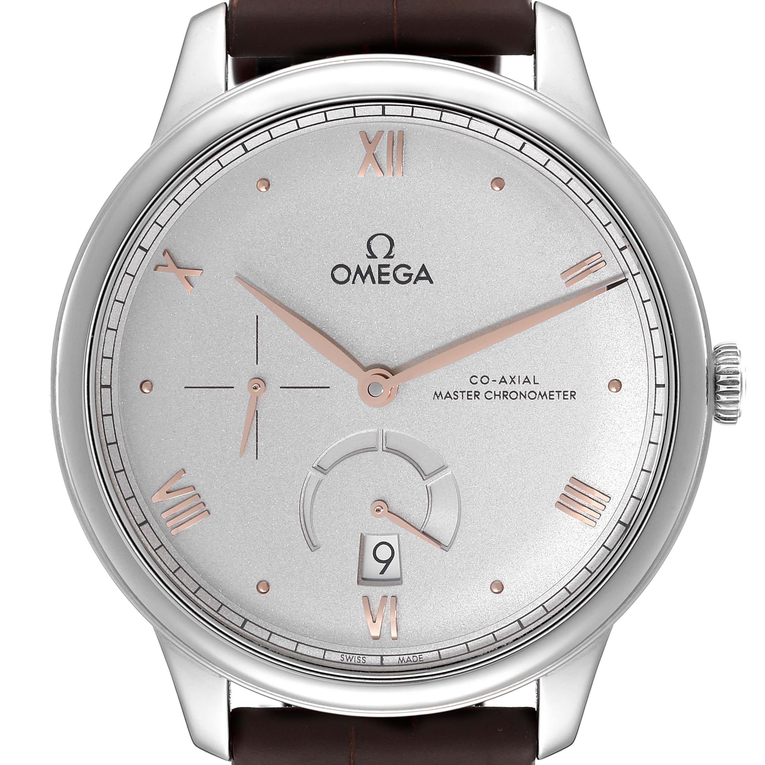 The image shows a front view of an Omega De Ville 434.13.41.21.06.001 Men's Stainless Steel Grey Dial 434.13.41.21.06.001 Men's Stainless Steel Grey Dial watch, highlighting its dial, hands, and strap attachment.