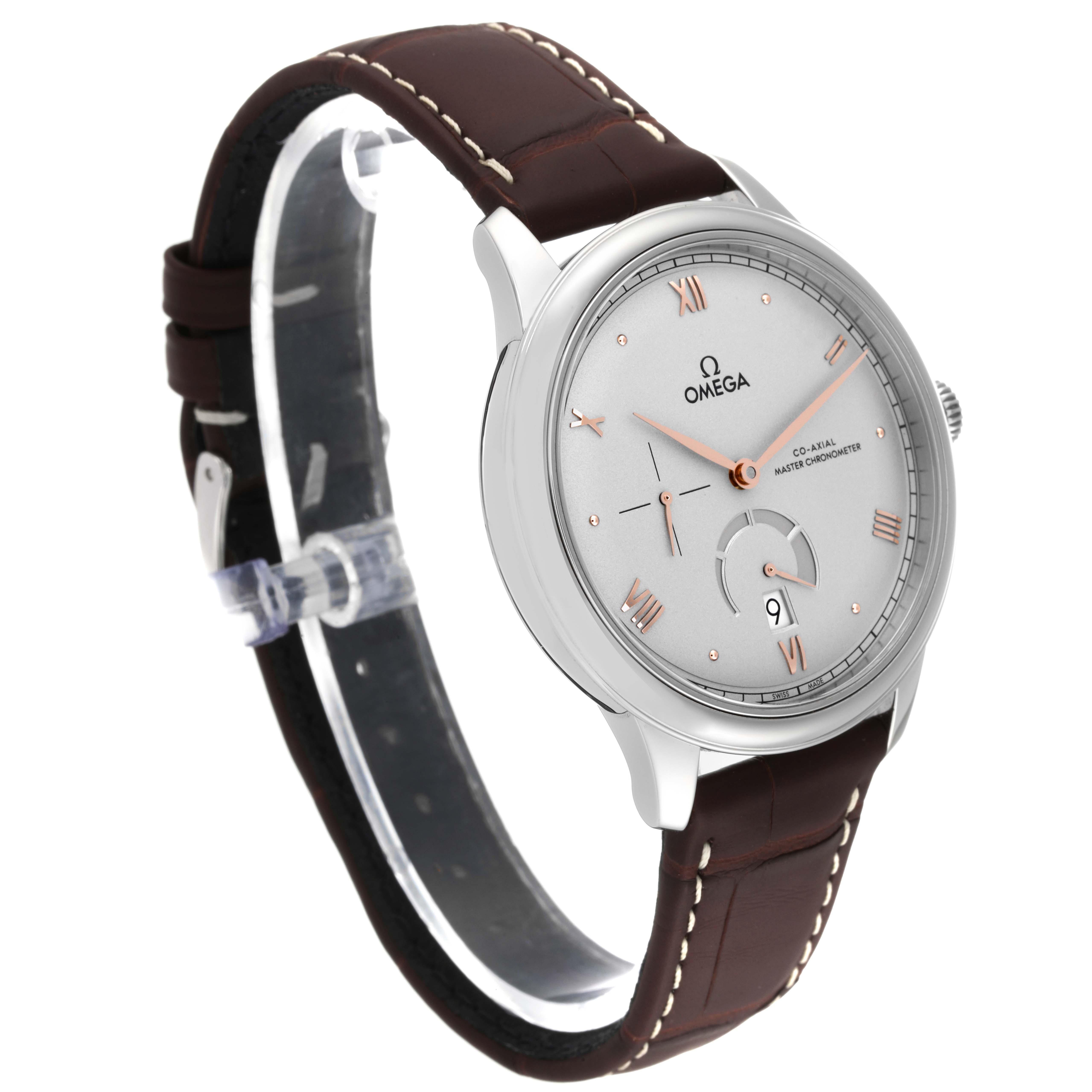 The image shows a front-left angled view of an Omega De Ville 434.13.41.21.06.001 Men's Stainless Steel Grey Dial 434.13.41.21.06.001 Men's Stainless Steel Grey Dial watch, displaying the face, bezel, and leather strap.