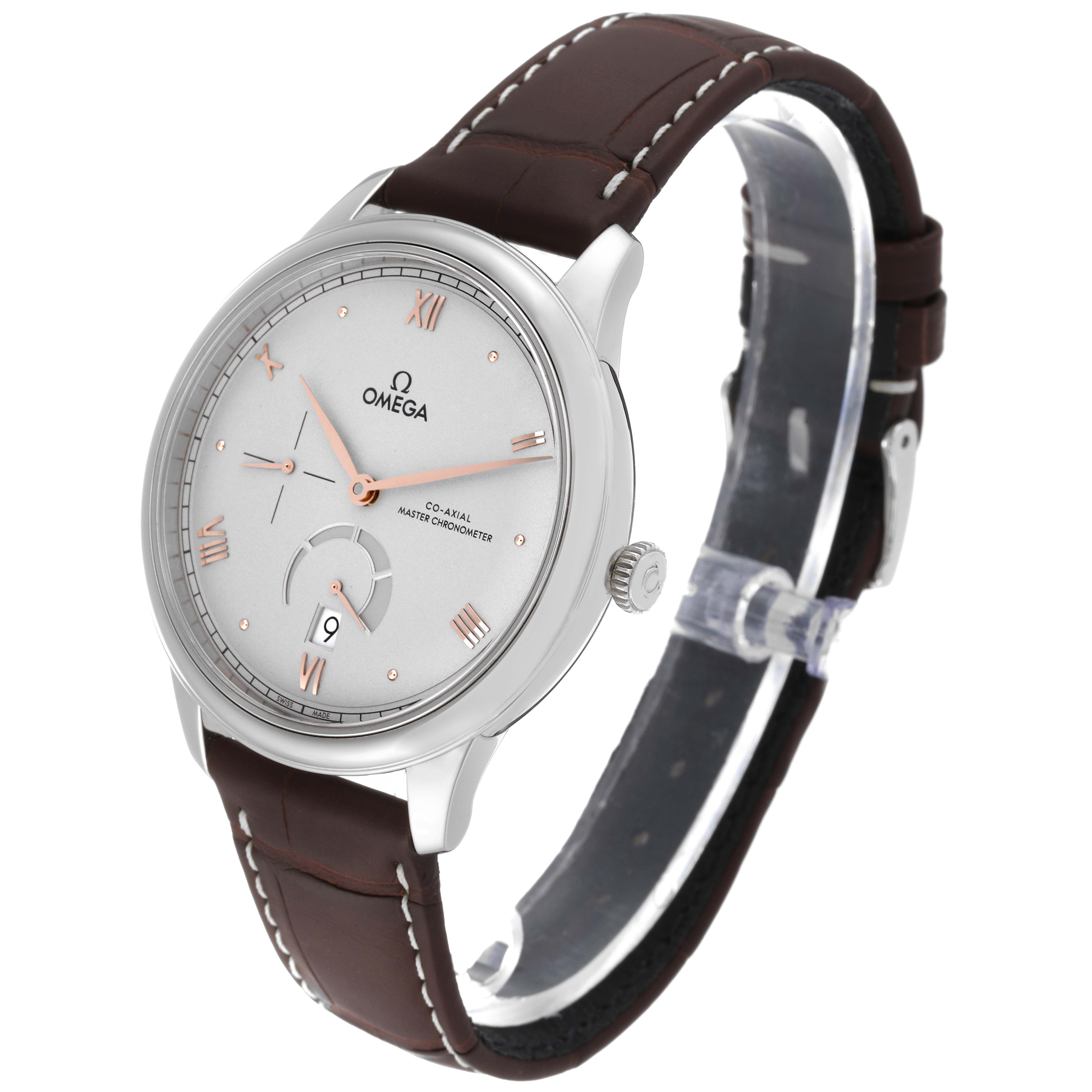 This image shows a side-angle view of an Omega De Ville 434.13.41.21.06.001 Men's Stainless Steel Grey Dial 434.13.41.21.06.001 Men's Stainless Steel Grey Dial watch, highlighting its face, crown, and leather strap.