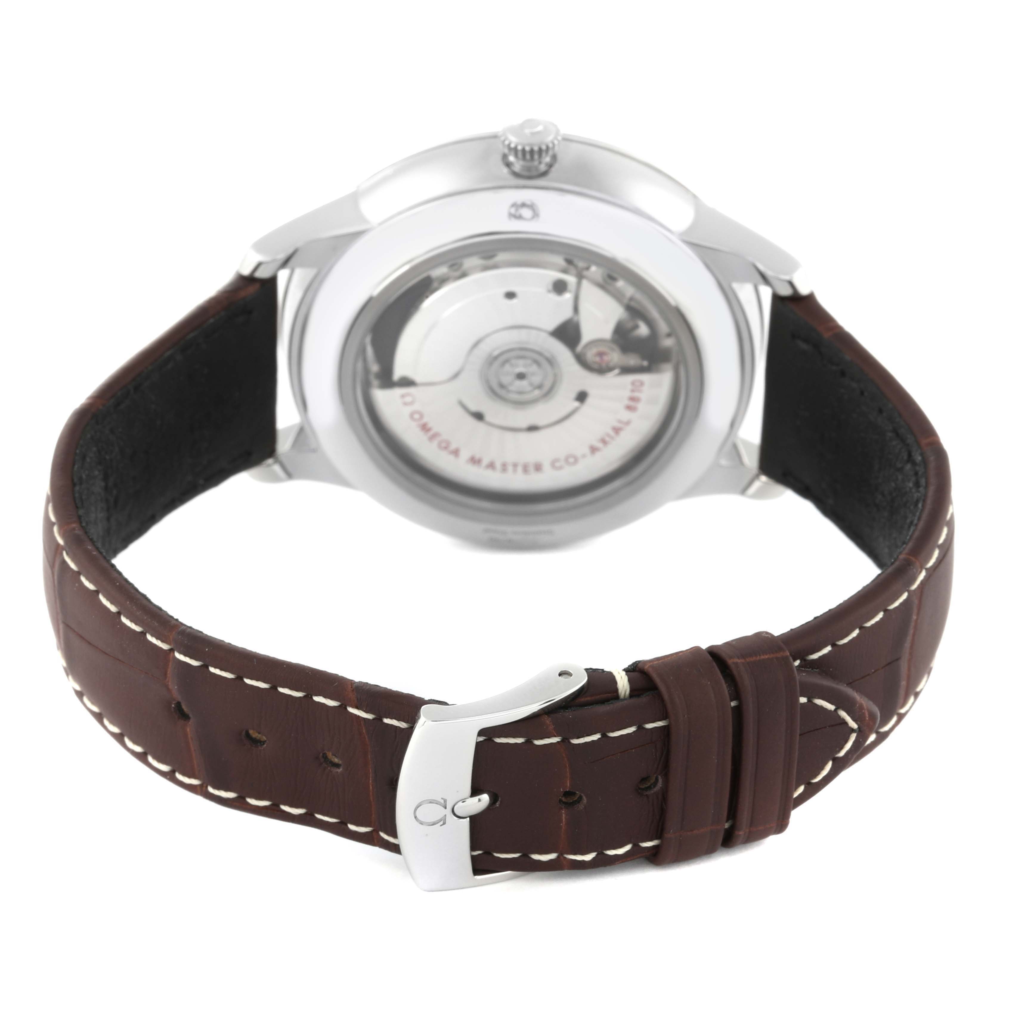 The image shows the back view of the Omega De Ville 434.13.41.21.06.001 Men's Stainless Steel Grey Dial 434.13.41.21.06.001 Men's Stainless Steel Grey Dial watch, focusing on the transparent case back and brown leather strap.