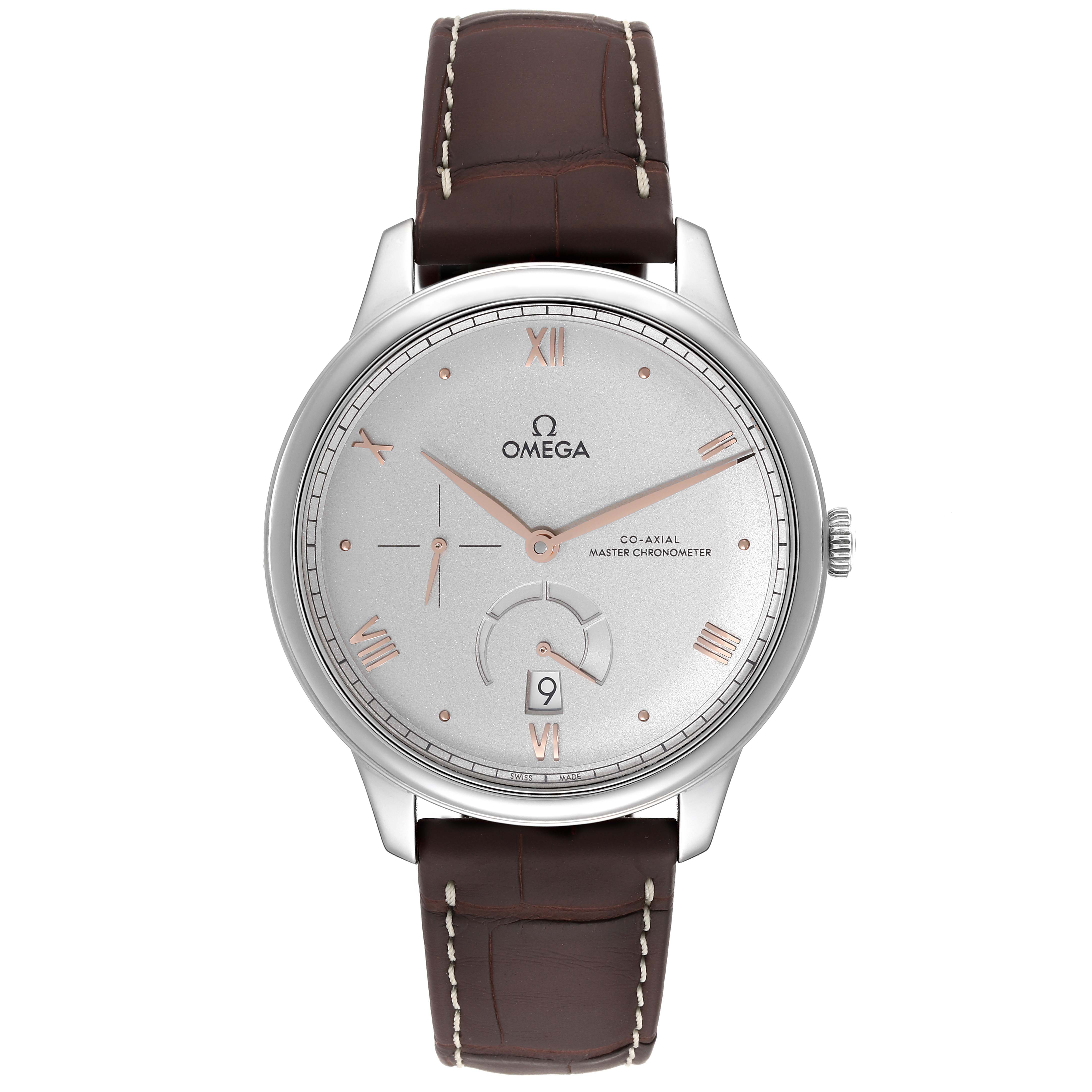 This image shows the front view of an Omega De Ville 434.13.41.21.06.001 Men's Stainless Steel Grey Dial 434.13.41.21.06.001 Men's Stainless Steel Grey Dial watch, highlighting its dial, hands, date display, and leather strap.