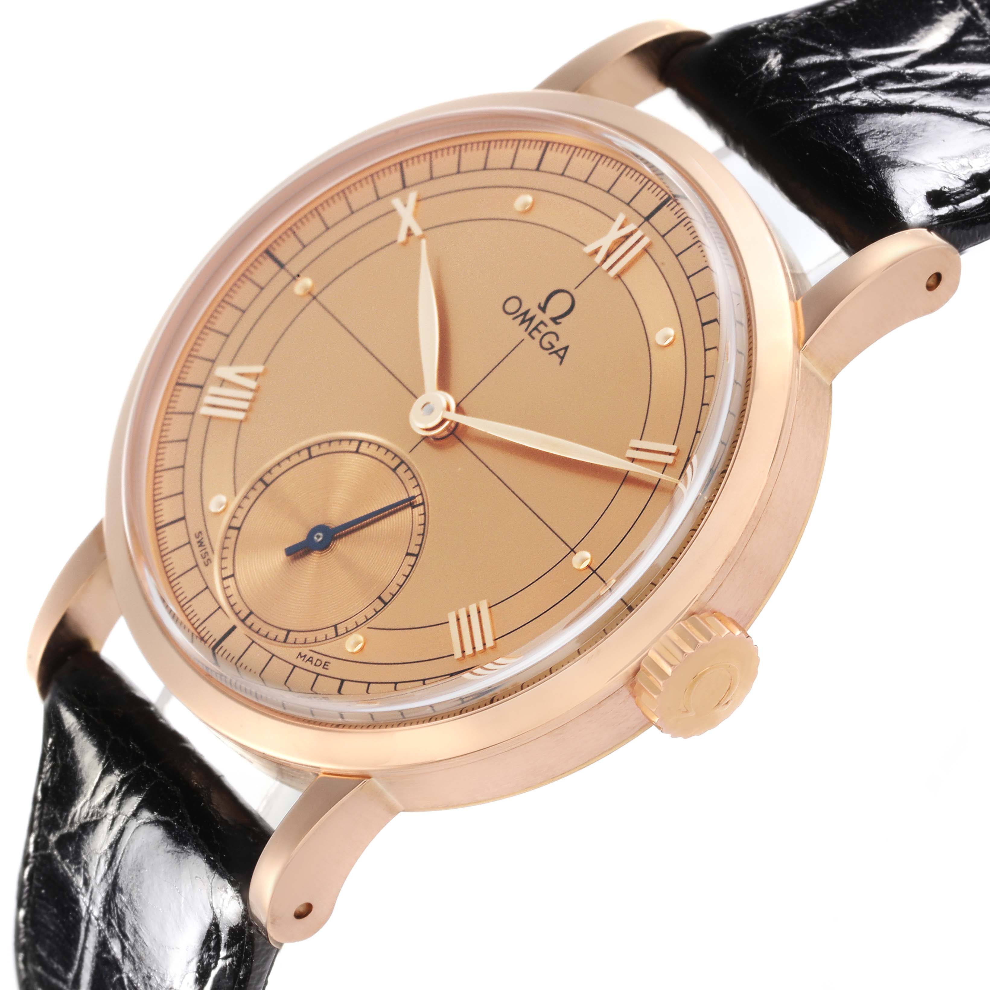 The Omega Museum 5950.30.03 Men's Rose Gold Champagne Dial 5950.30.03 Men's Rose Gold Champagne Dial model watch is shown at a three-quarter angle, displaying the dial, crown, and black leather strap.