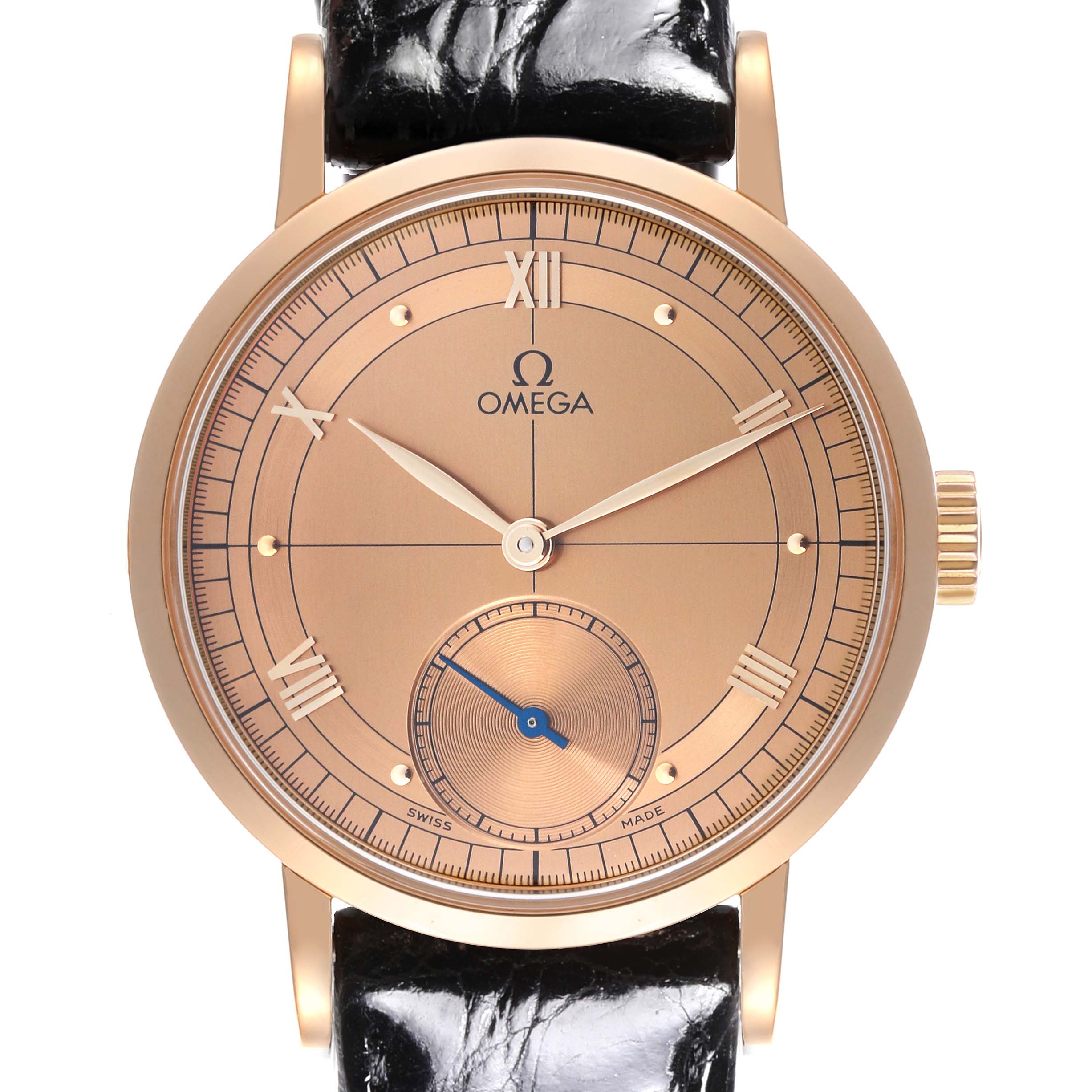 The Omega Museum 5950.30.03 Men's Rose Gold Champagne Dial 5950.30.03 Men's Rose Gold Champagne Dial model watch is shown from a front angle, highlighting the dial, hands, crown, and part of the strap.