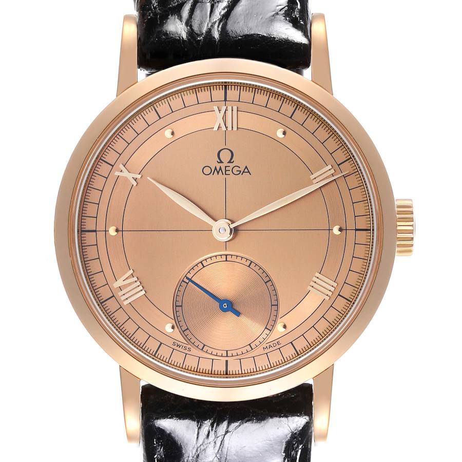 The Omega Museum model watch is shown from a front angle, highlighting the dial, hands, crown, and part of the strap.