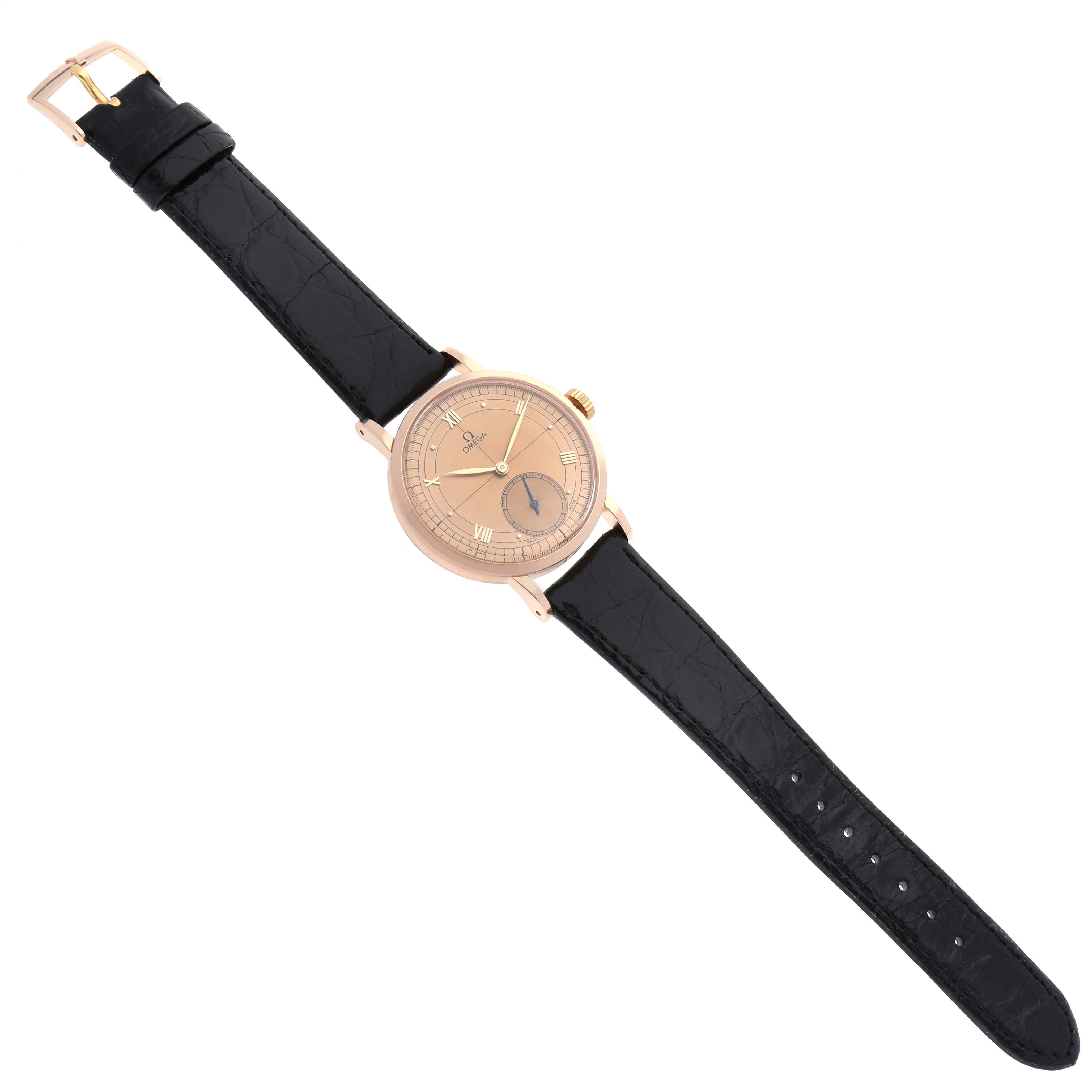 The Omega Museum 5950.30.03 Men's Rose Gold Champagne Dial 5950.30.03 Men's Rose Gold Champagne Dial model watch is shown from a top-down angle, displaying the face, strap, and buckle.