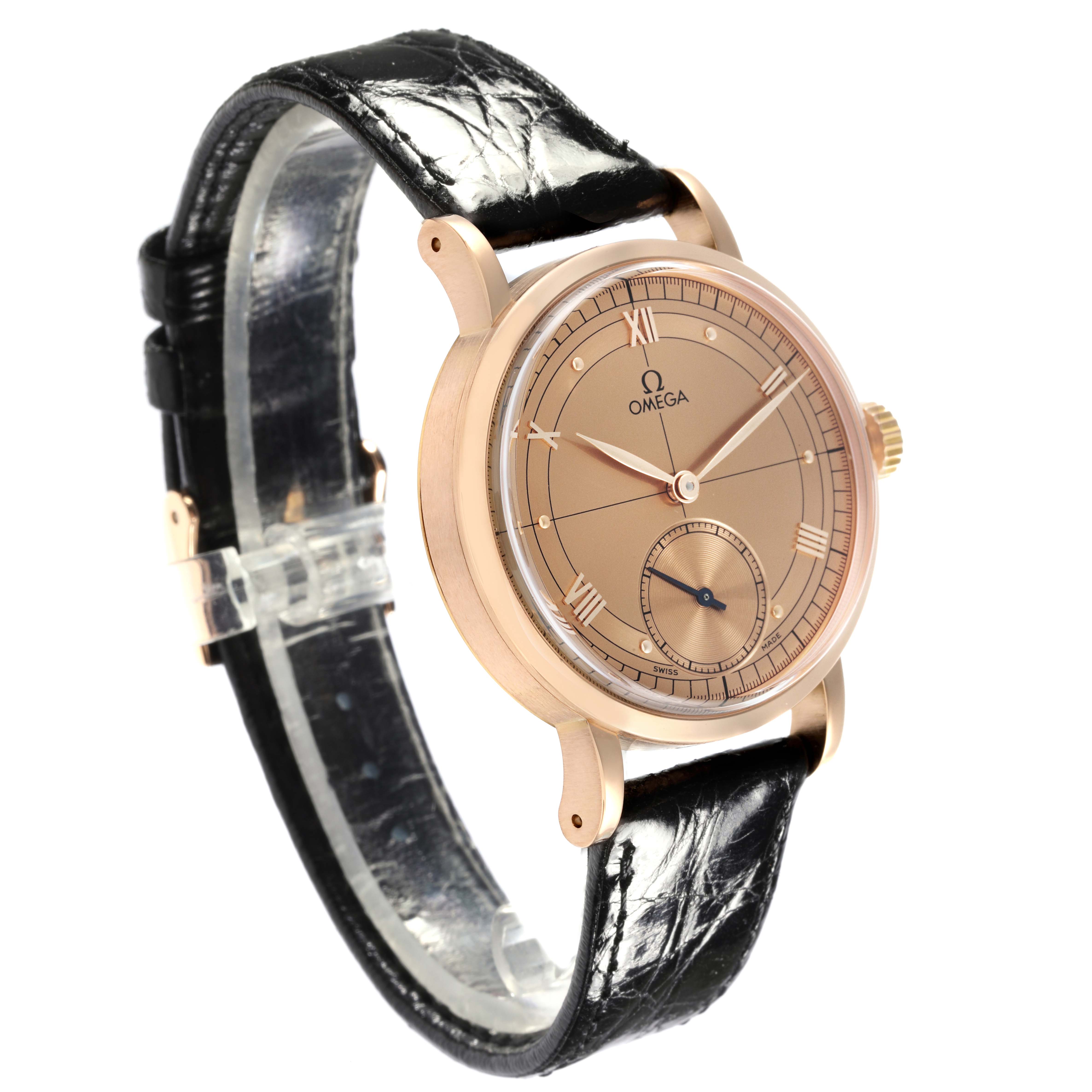 The Omega Museum 5950.30.03 Men's Rose Gold Champagne Dial 5950.30.03 Men's Rose Gold Champagne Dial model watch is shown at a three-quarter angle, highlighting the dial, crown, and black leather strap.