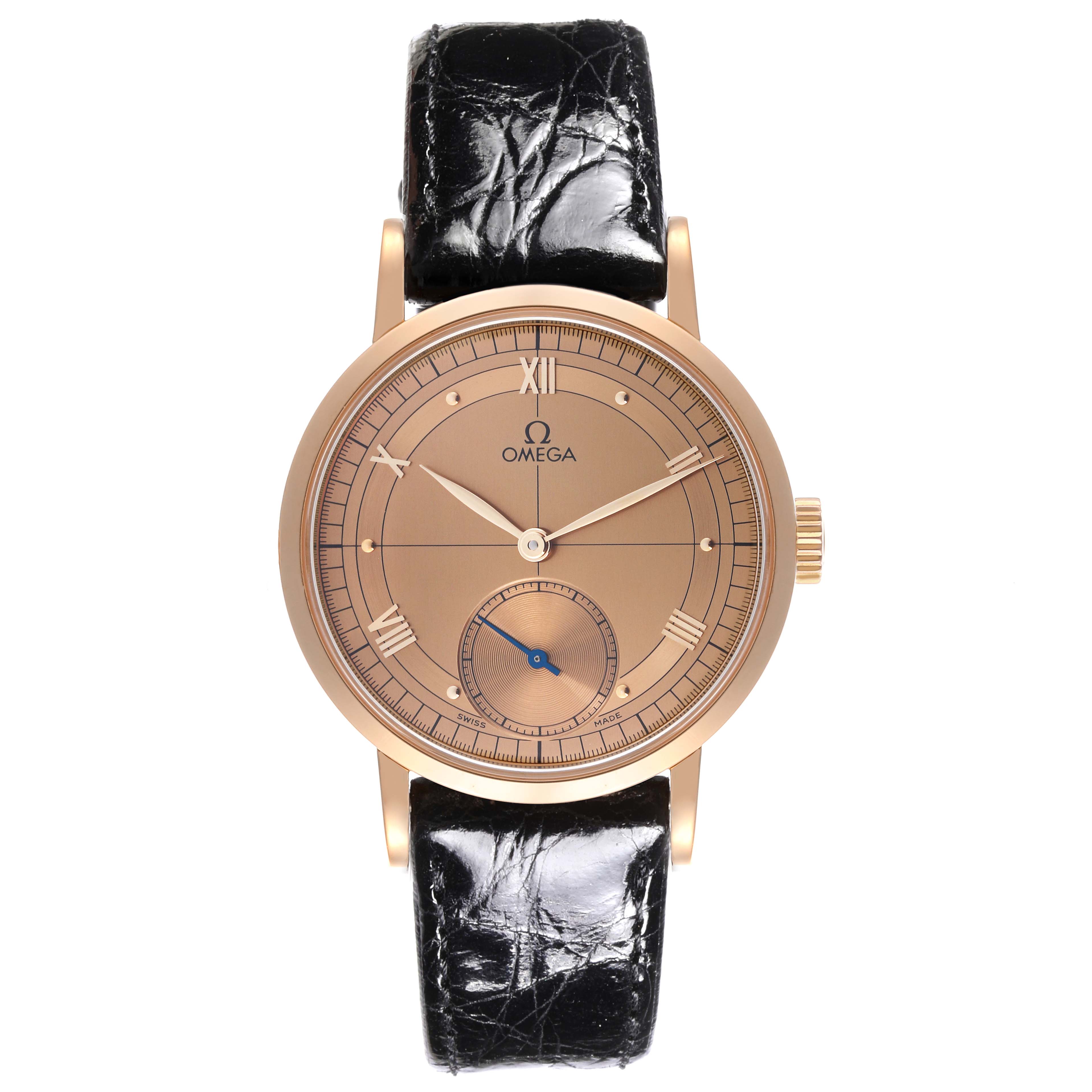 The Omega Museum 5950.30.03 Men's Rose Gold Champagne Dial 5950.30.03 Men's Rose Gold Champagne Dial model watch is shown from a front angle, displaying the face, dial, hands, and leather strap.