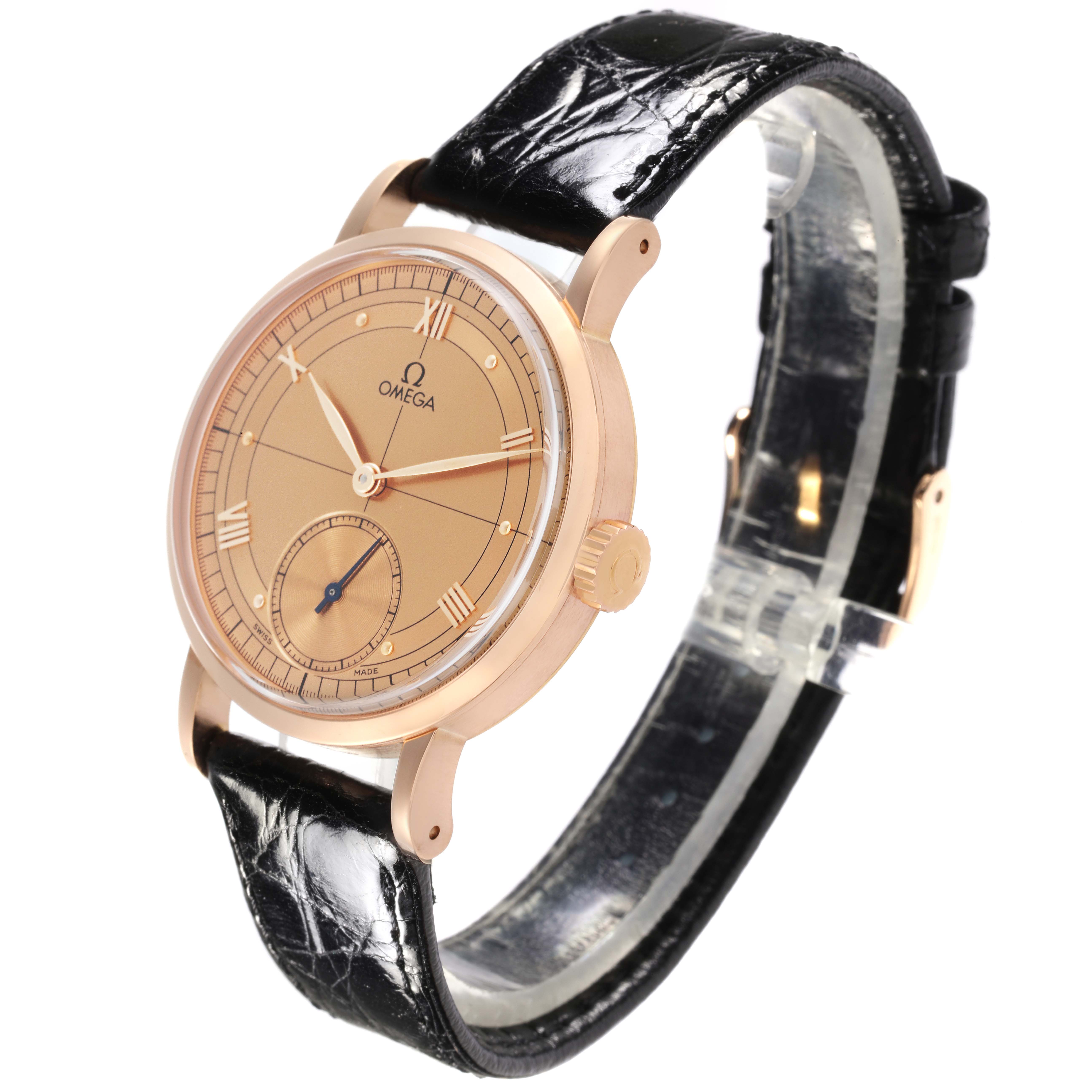 The Omega Museum 5950.30.03 Men's Rose Gold Champagne Dial 5950.30.03 Men's Rose Gold Champagne Dial model watch is shown at a slight side angle, displaying the dial, case, crown, and black leather strap.